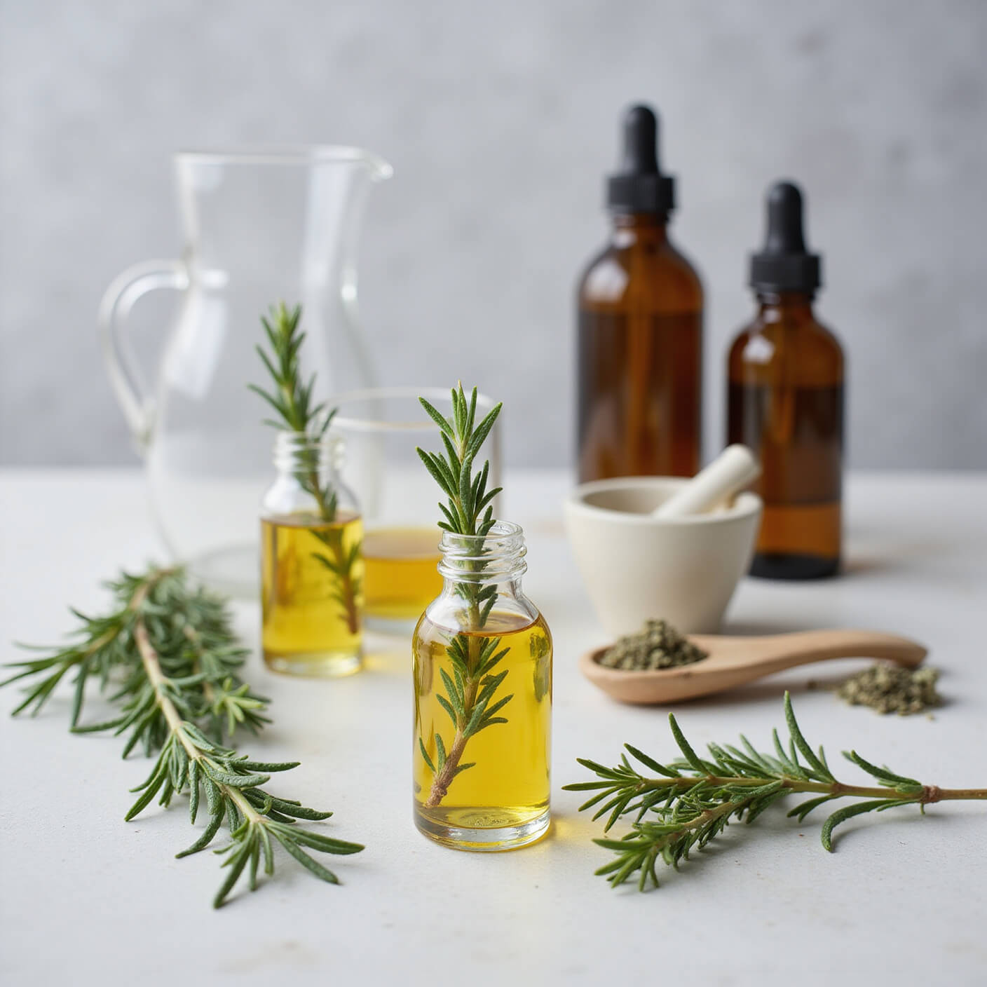 Professional product photo of fresh rosemary, extracted oil in glass vials, amber dropper bottles, and skincare tools on a light grey background with soft bokeh effect.