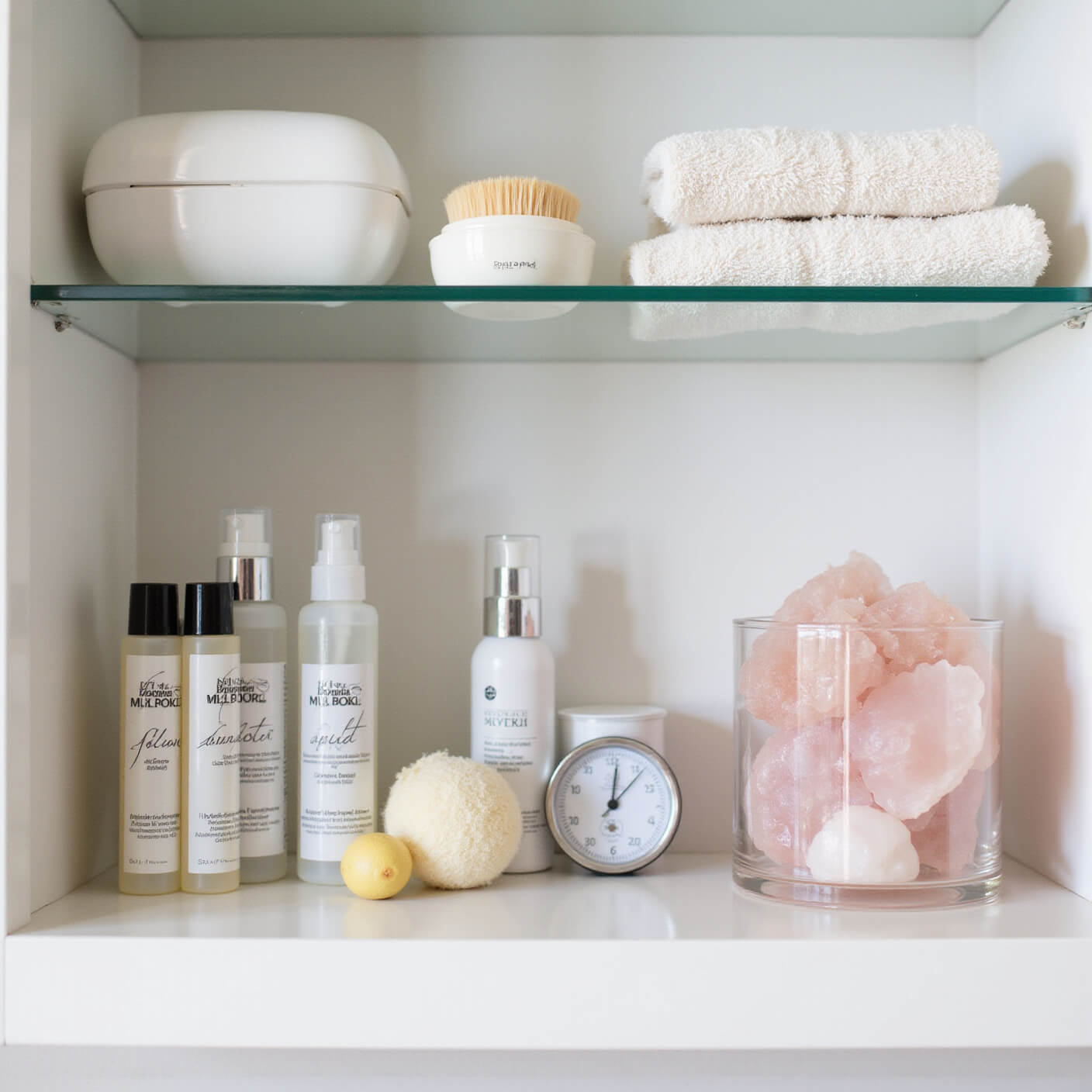 Elevated medicine cabinet with sulfur skincare products, cleansing brush, wash cloths, acrylic organizer, steaming towel, rose quartz gua sha, and digital humidity meter in morning light.
