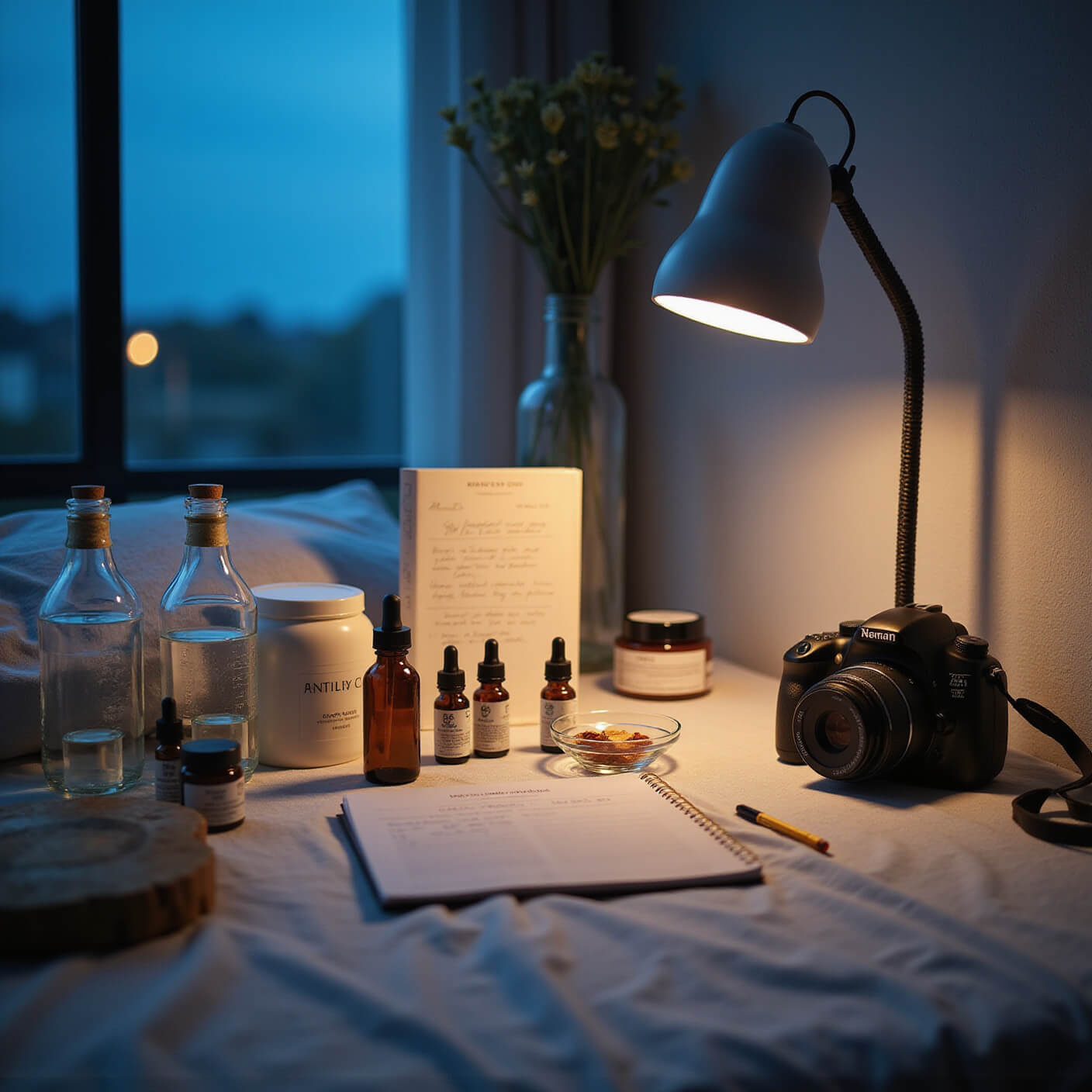 Serene bedside skincare station at blue hour with testing dishes, magnifying lamp, skin diary, camera, remedy dropper bottles, water bottles, and humidity monitor under warm LED lighting.