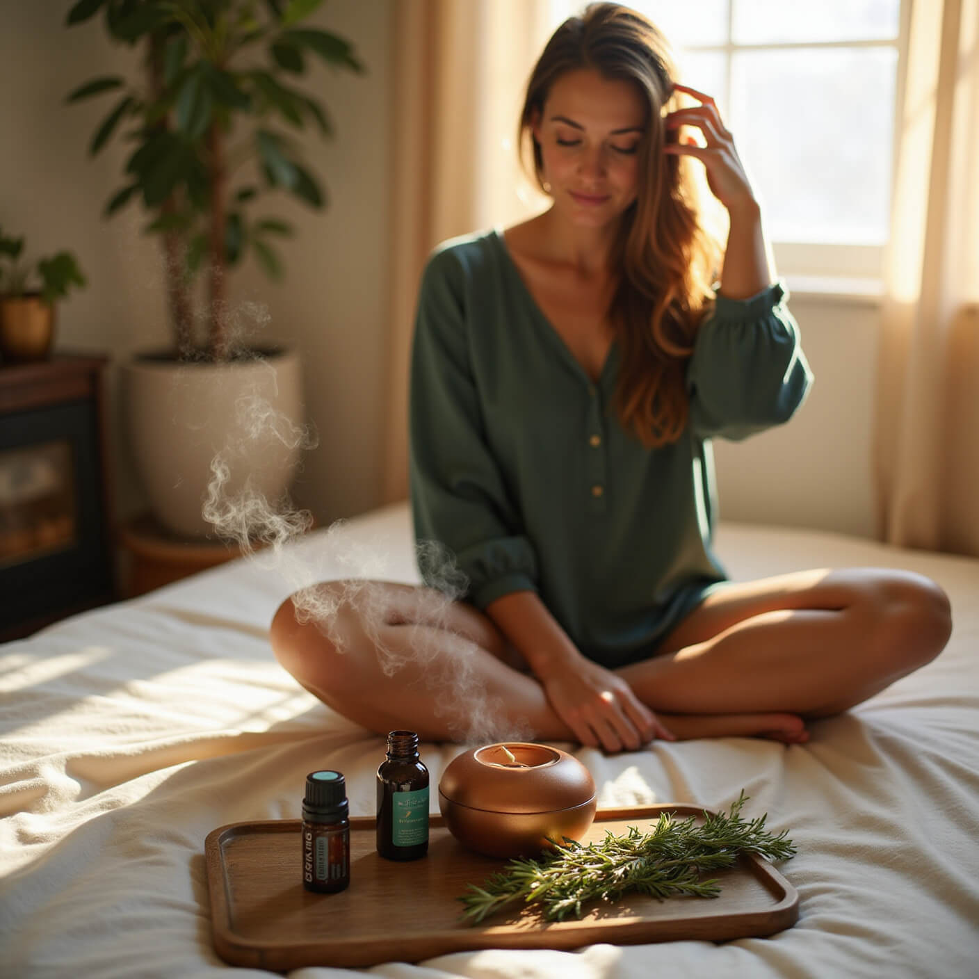 Woman practicing scalp massage with rosemary oil on bed during golden hour, surrounded by essential oils, rosemary, and diffuser steam in a warmly lit bedroom.