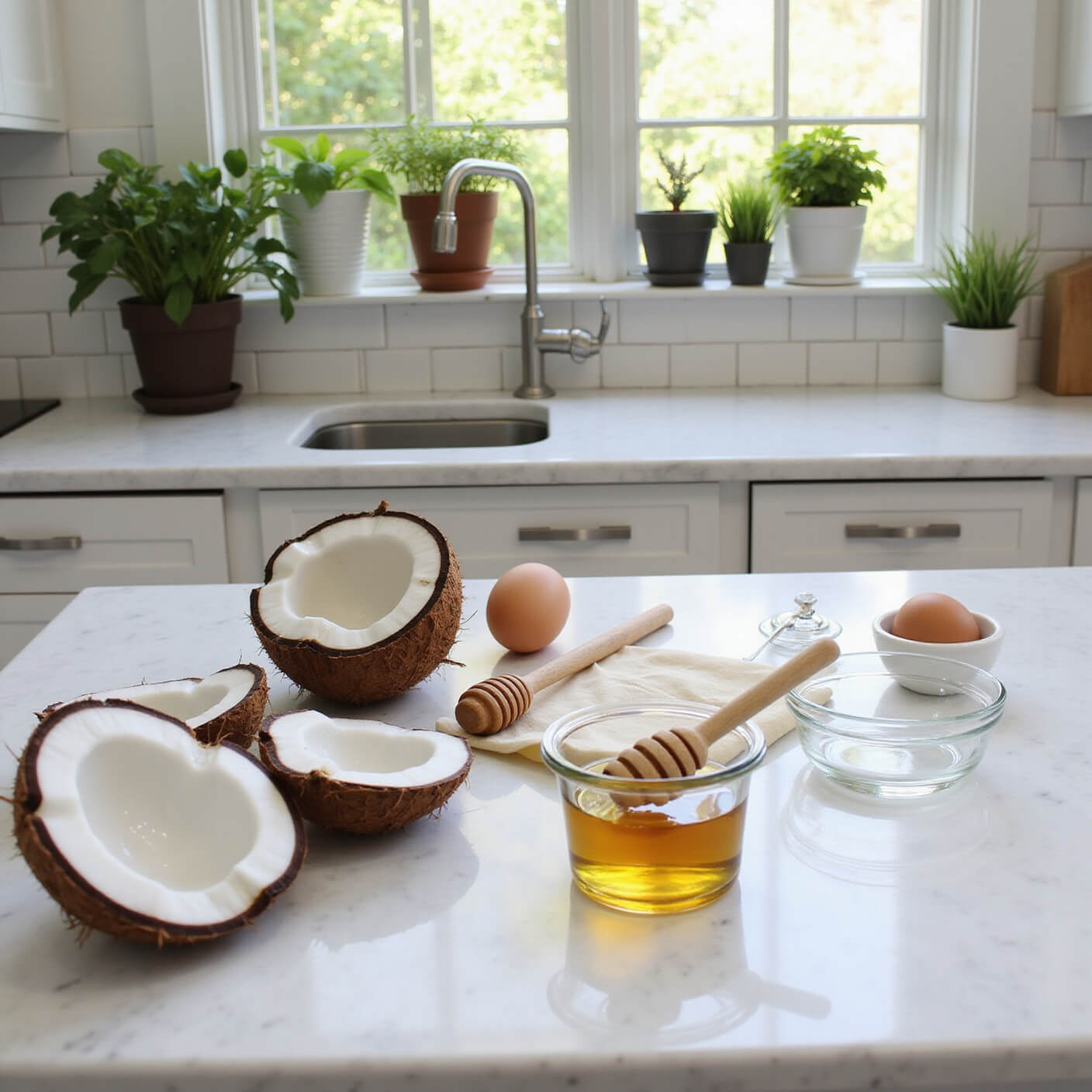 Overhead view of a sunlit kitchen with white subway tiles, showcasing a marble island with coconuts, honey, eggs, and glass bowls arranged for a coconut and honey hair mask preparation.