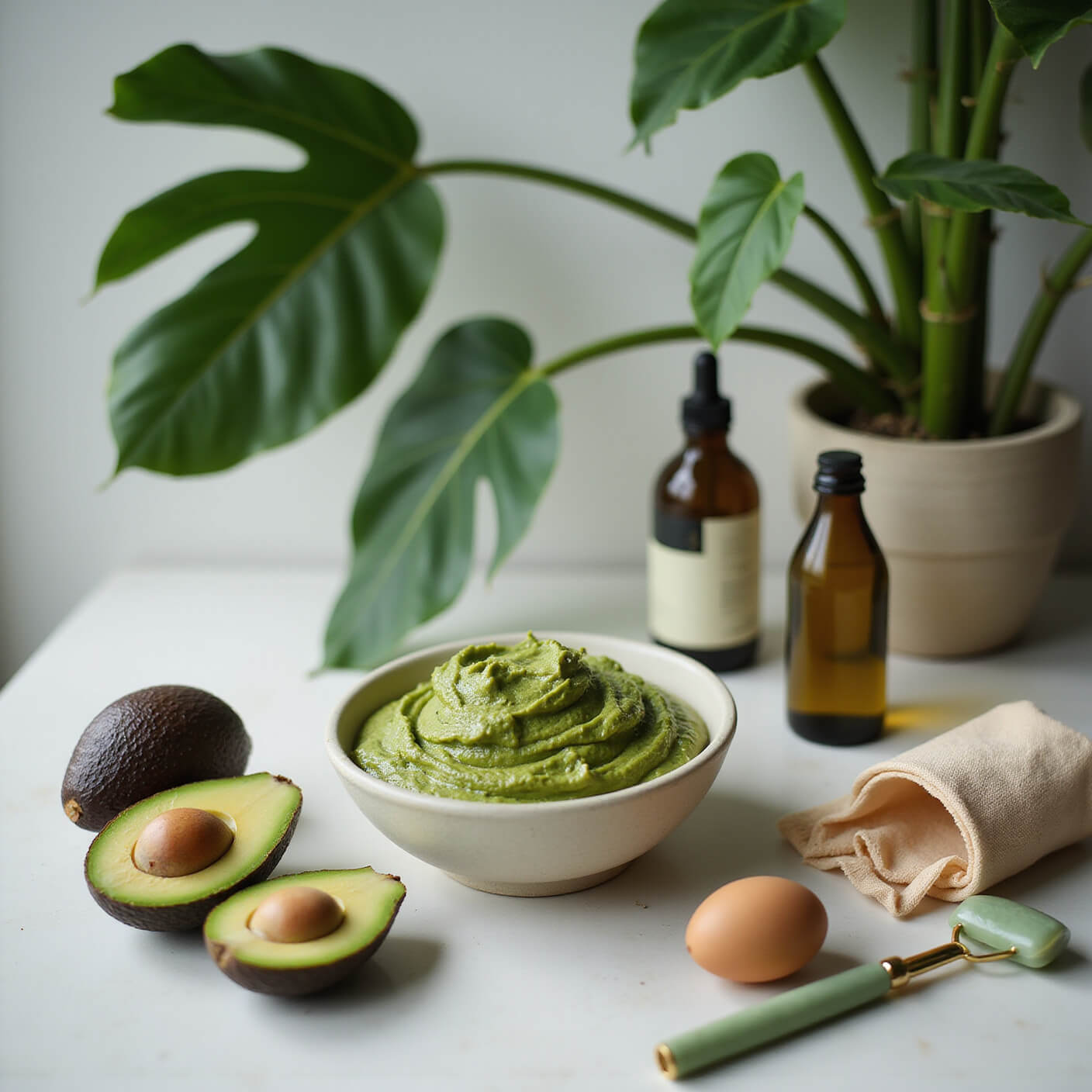 Handmade ceramic bowl of green avocado-egg mask in a modern bathroom with monstera plants, bamboo accents, fresh avocado, eggs, olive oil, jade roller, and silk hair wrap on a table.