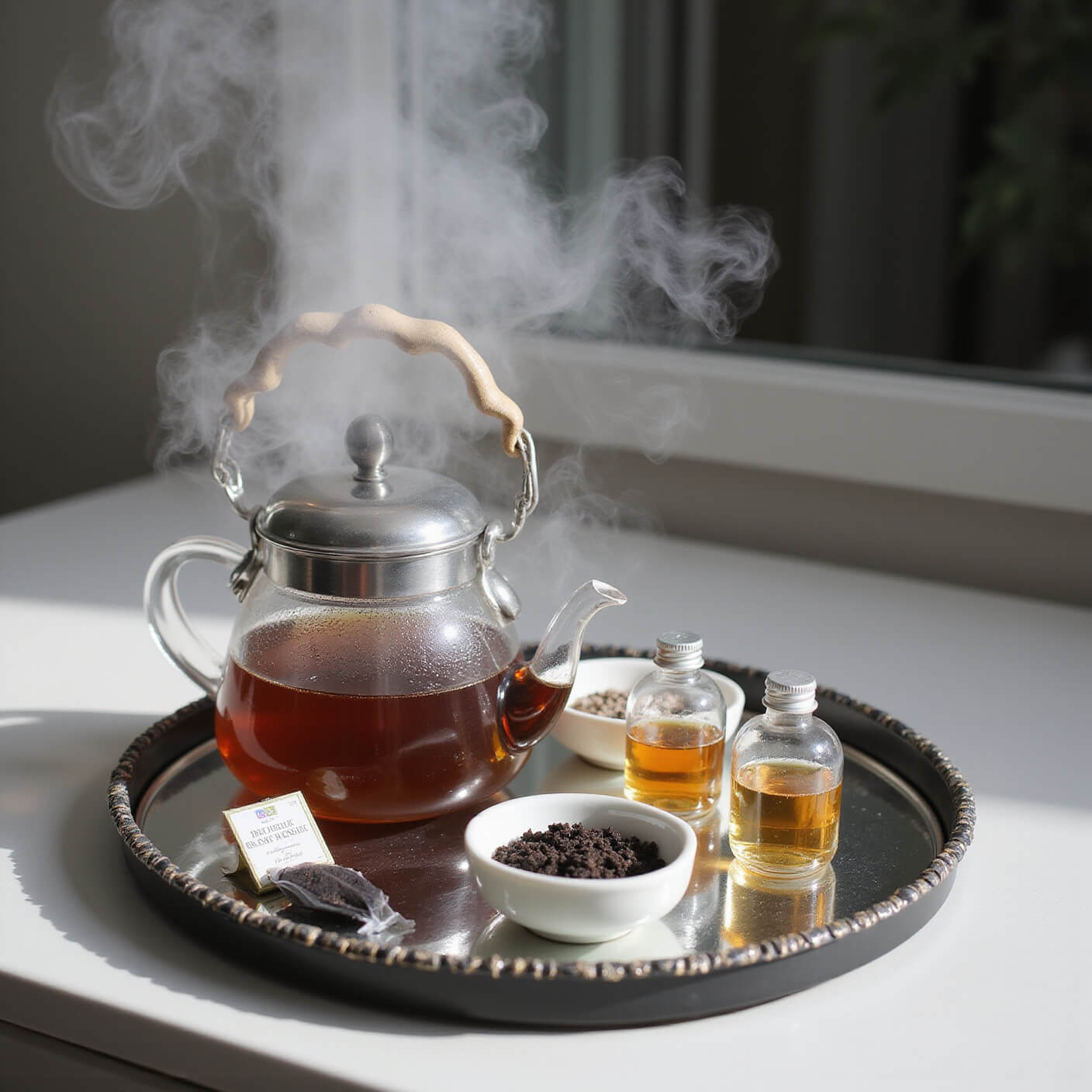 Minimalist vanity setup with vintage tea kettle, steaming black tea, crystal bottles on mirrored tray, and natural light highlighting steam above white porcelain and silver accents.