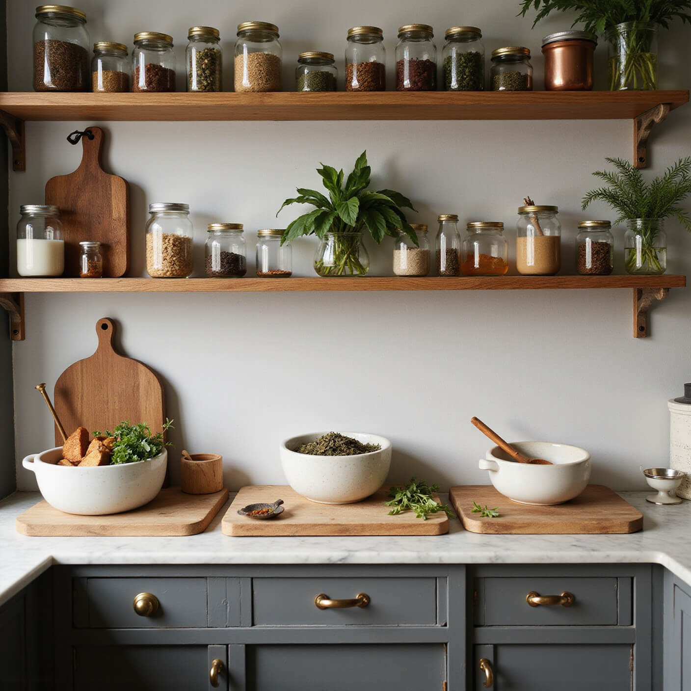 Bright kitchen scene with open shelves, glass jars, fresh herbs, wooden boards, marble mortars, copper tools, and morning light over natural, earth-toned materials.