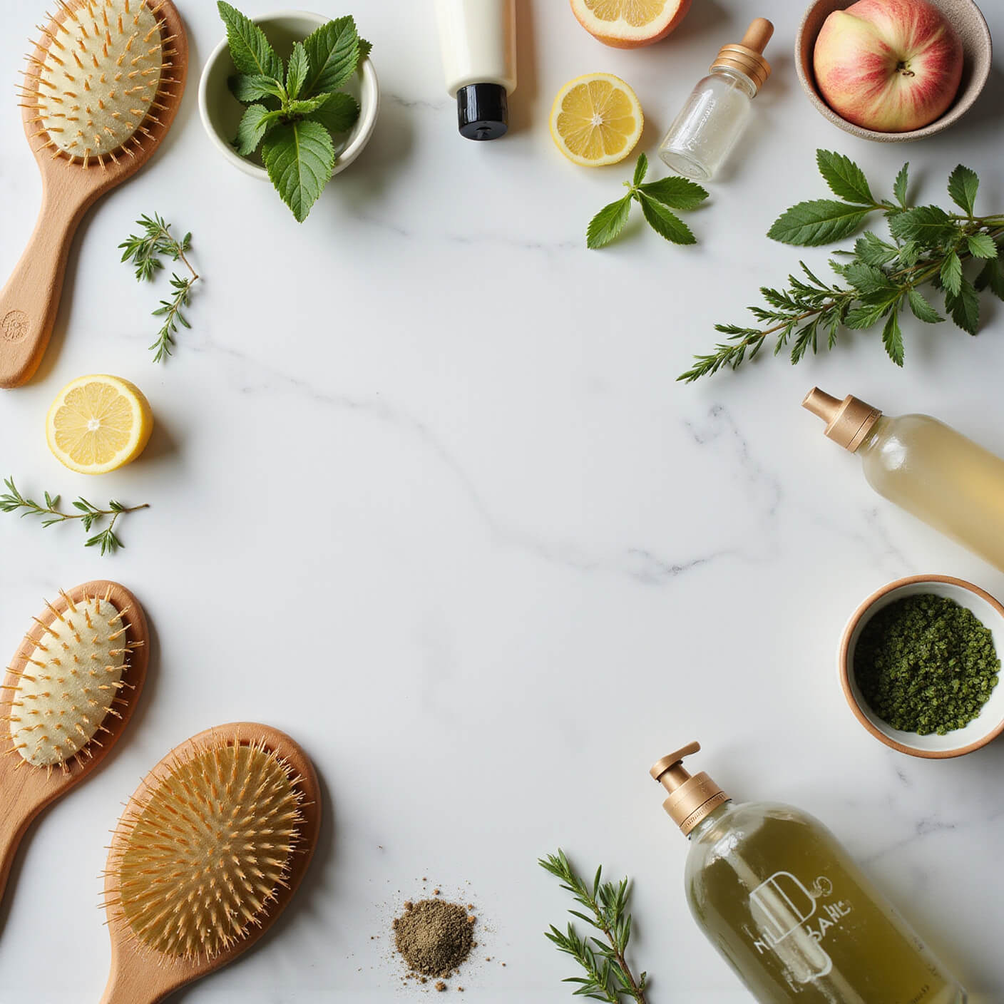 Flatlay of natural hair care tools and ingredients on marble surface, including wooden brushes, silk scrunchies, glass spray bottles, ceramic bowls, fresh herbs, sliced fruits, with neutral tones and pops of green and gold.