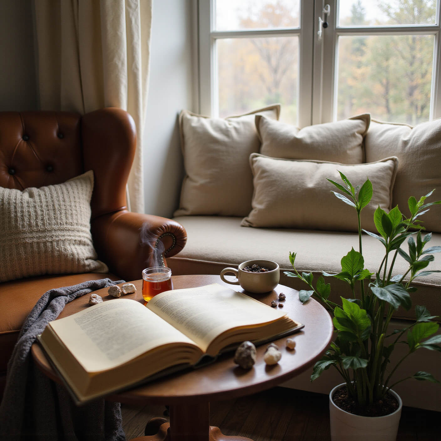 Cozy journaling nook with vintage leather armchair, window seat with linen cushions, open journal on wooden lap desk, steaming tea, honey jar, scattered crystals, pothos plants, and weighted blanket in warm browns, creams, and sage greens, viewed from above.