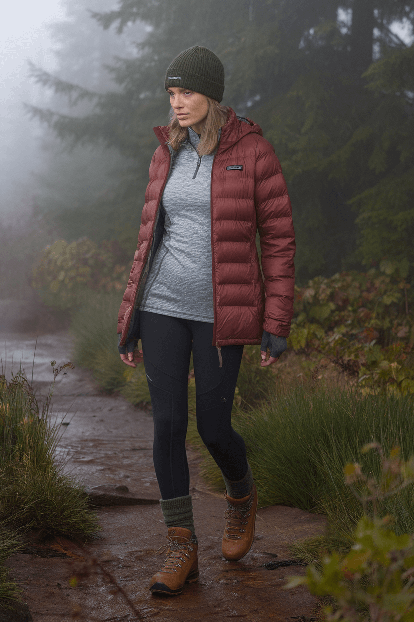 Model standing at a misty trailhead wearing a rust-colored down jacket, heather gray thermal base layer, black fleece-lined leggings, brown leather hiking boots, forest green beanie, and wool socks, with morning dew on lush vegetation and soft lighting highlighting fabric textures.