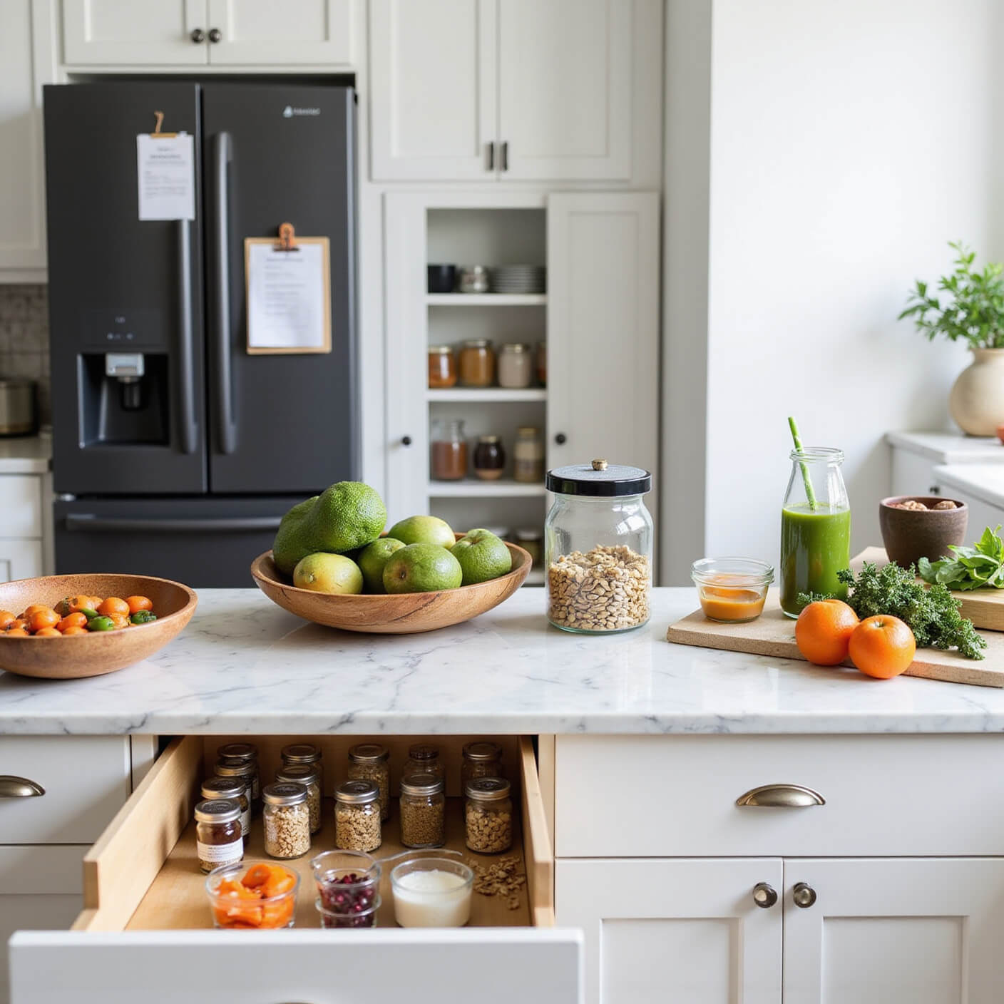 Bright, organized kitchen with fresh produce, open supplement drawer, glass jars of nuts and seeds, weekly meal plan on black fridge, and green smoothie blending on marble countertop.