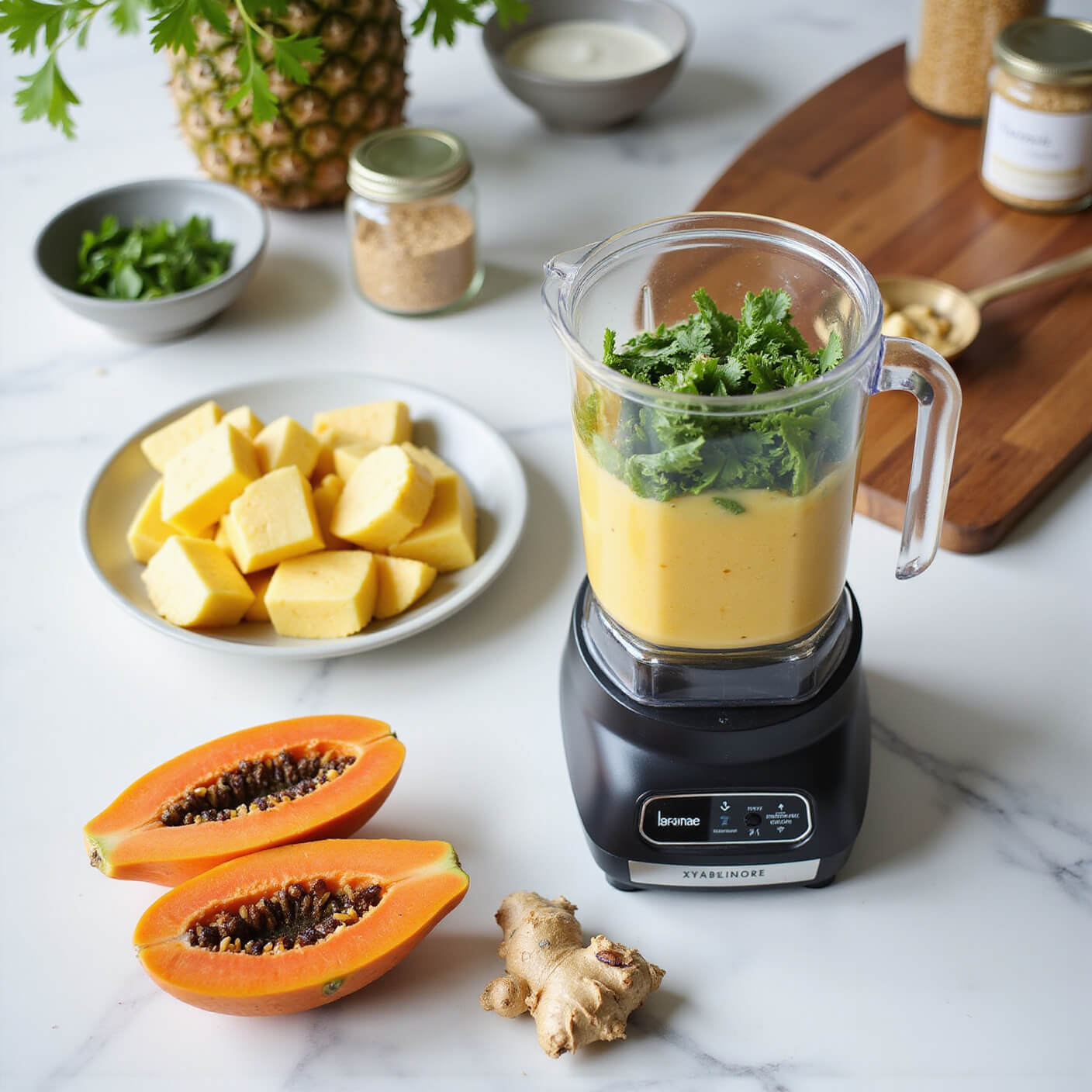 Overhead view of a sunlit kitchen with marble countertops, featuring tropical smoothie ingredients like papaya, pineapple, ginger, and parsley arranged artistically; a high-end blender with a colorful smoothie, surrounded by a wooden cutting board, ceramic bowls, and glass jars of seeds.