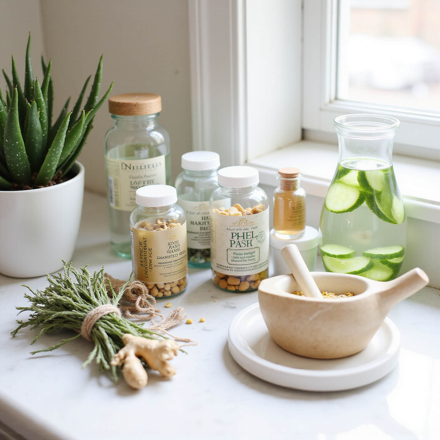 Wellness-themed bathroom counter with supplements, herbs, mortar and pestle, and infused water on sunlit marble surface.
