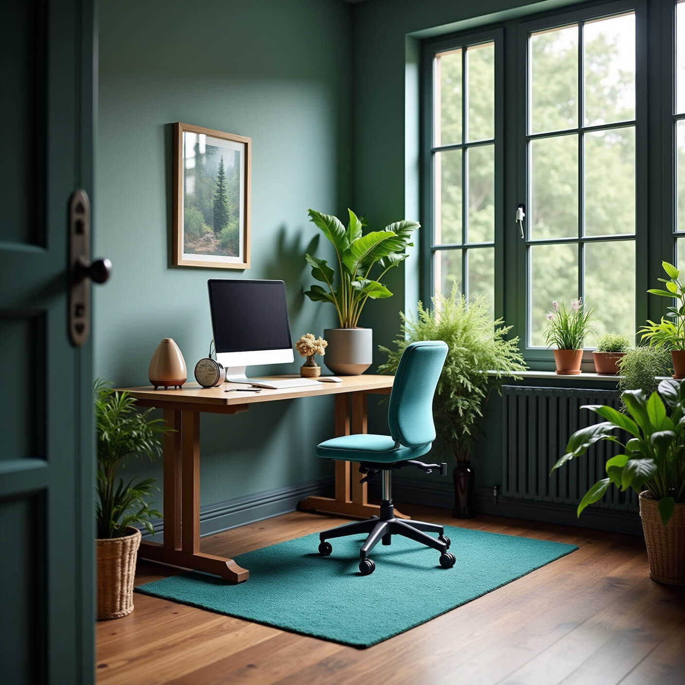 Nature-inspired home office with standing desk by large windows, ergonomic chair, under-desk treadmill, essential oil diffuser, and smart lighting in cool blues and forest greens.