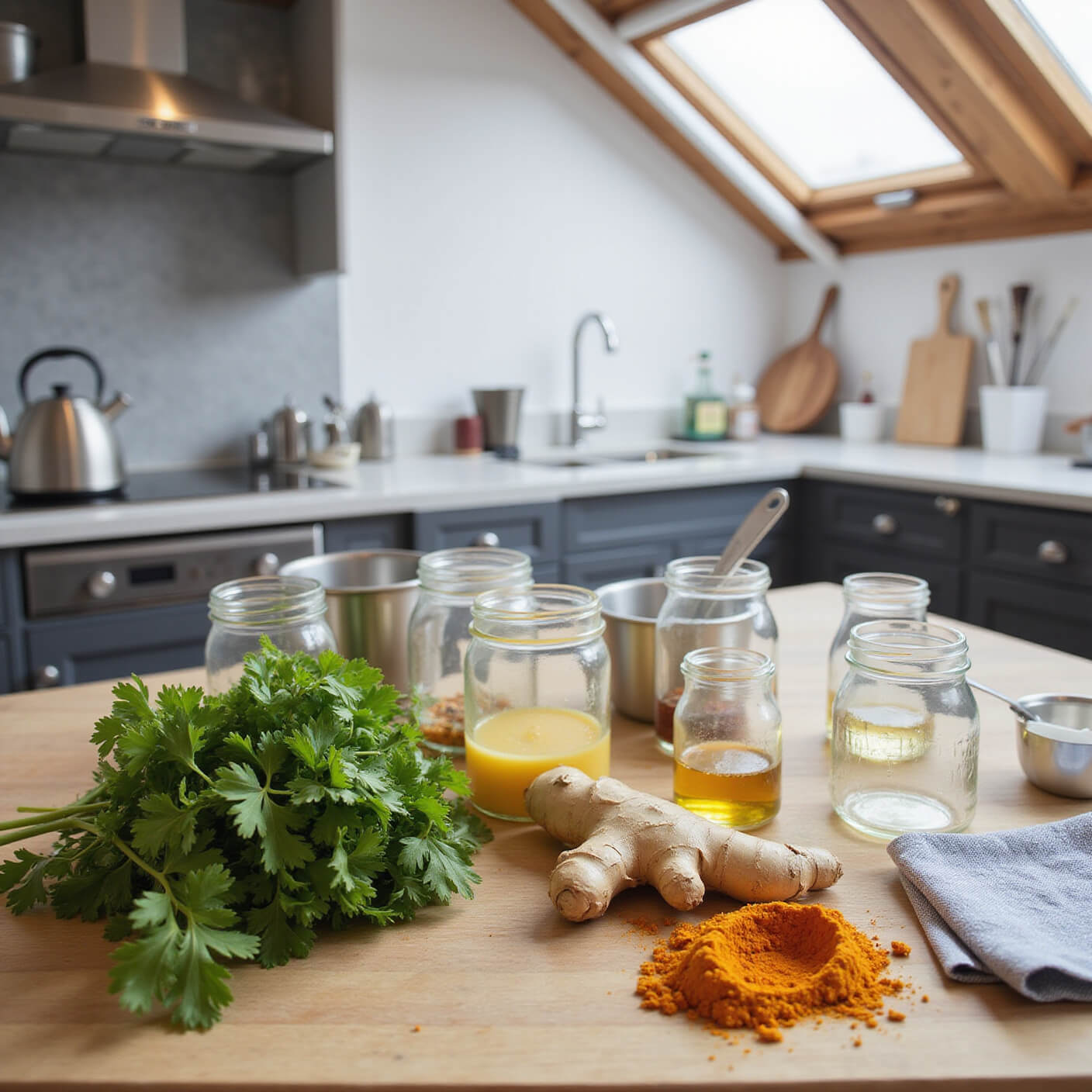 Professional kitchen with fresh parsley, ginger, and turmeric on butcher block island, glass jars and tools neatly arranged, and steaming tea kettle in background lit by skylight.