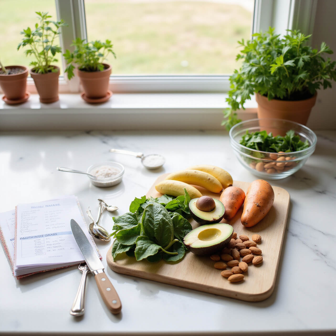 Bright modern kitchen with fresh bananas, spinach, avocados, sweet potatoes, almonds, and herbs on a marble countertop, alongside a meal plan and blood pressure journal.