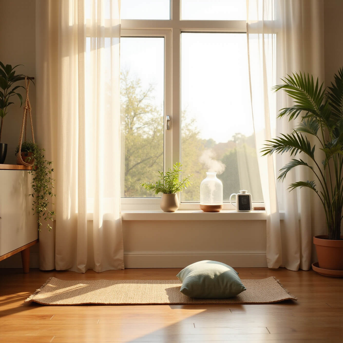 Home yoga space at golden hour with sunlight on a jute mat, sage meditation cushion, wellness tools on a white shelf, and plants in macrame hangers.
