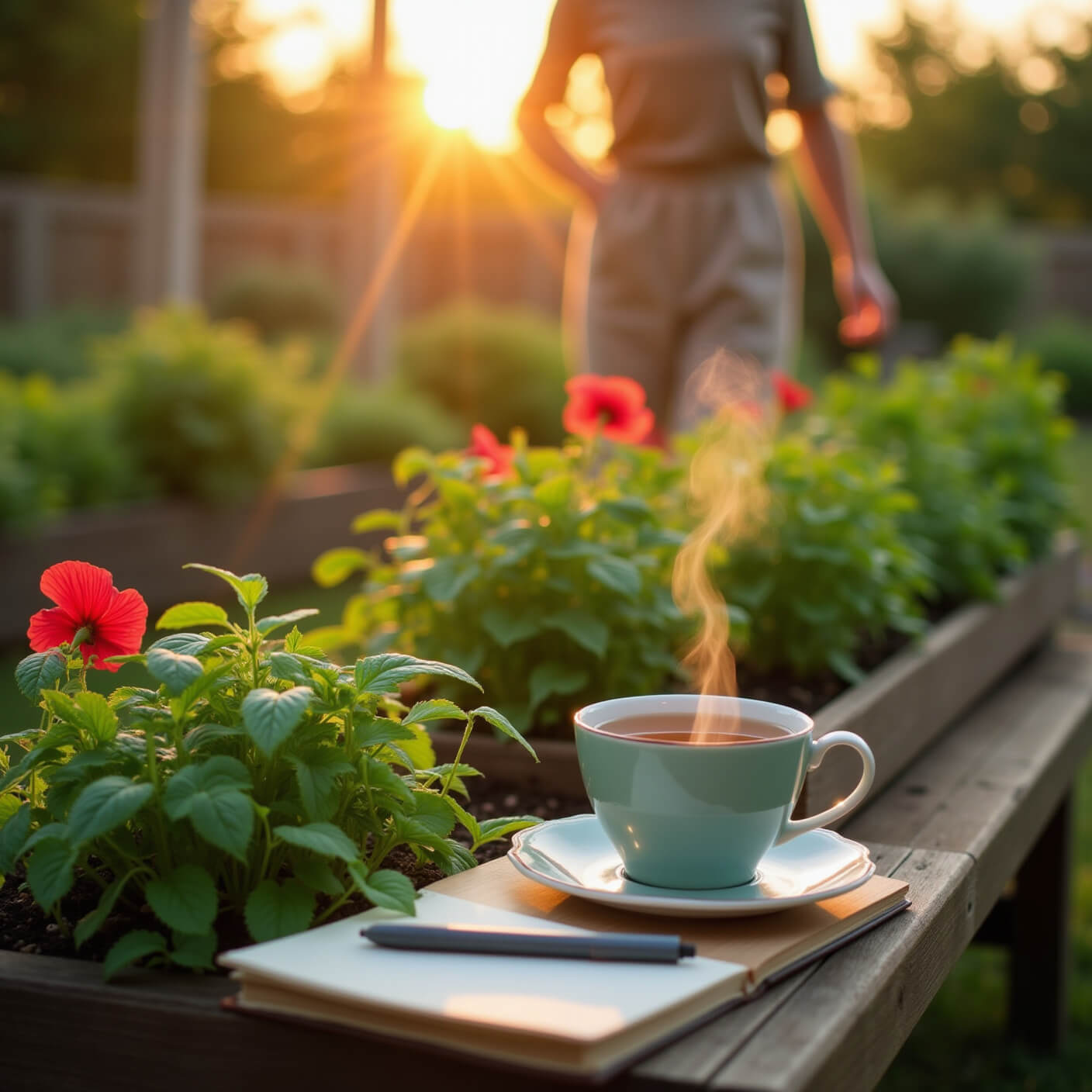 Person tending raised herb garden at sunset, with basil, parsley, and blooming hibiscus; wooden bench holds herbal tea and journal; warm golden glow and soft bokeh.