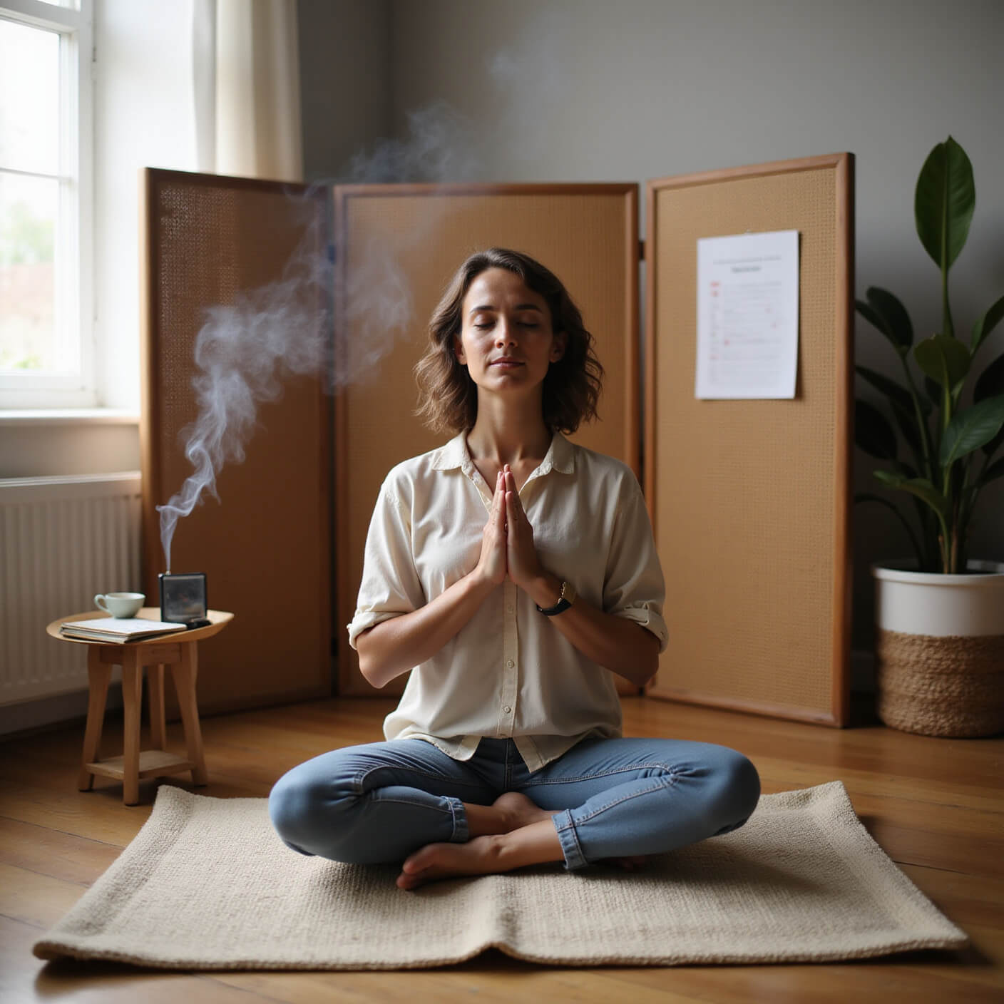 Person meditating at dawn on a cream cushion, with incense smoke, a side table holding tea and a journal, and a blood pressure chart on a rattan screen in the background.