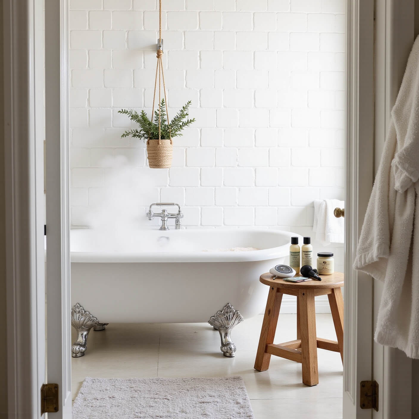 Spa-like bathroom with clawfoot tub, steam, potted lavender and eucalyptus, wooden stool with wellness items, and clean white towels and robe.