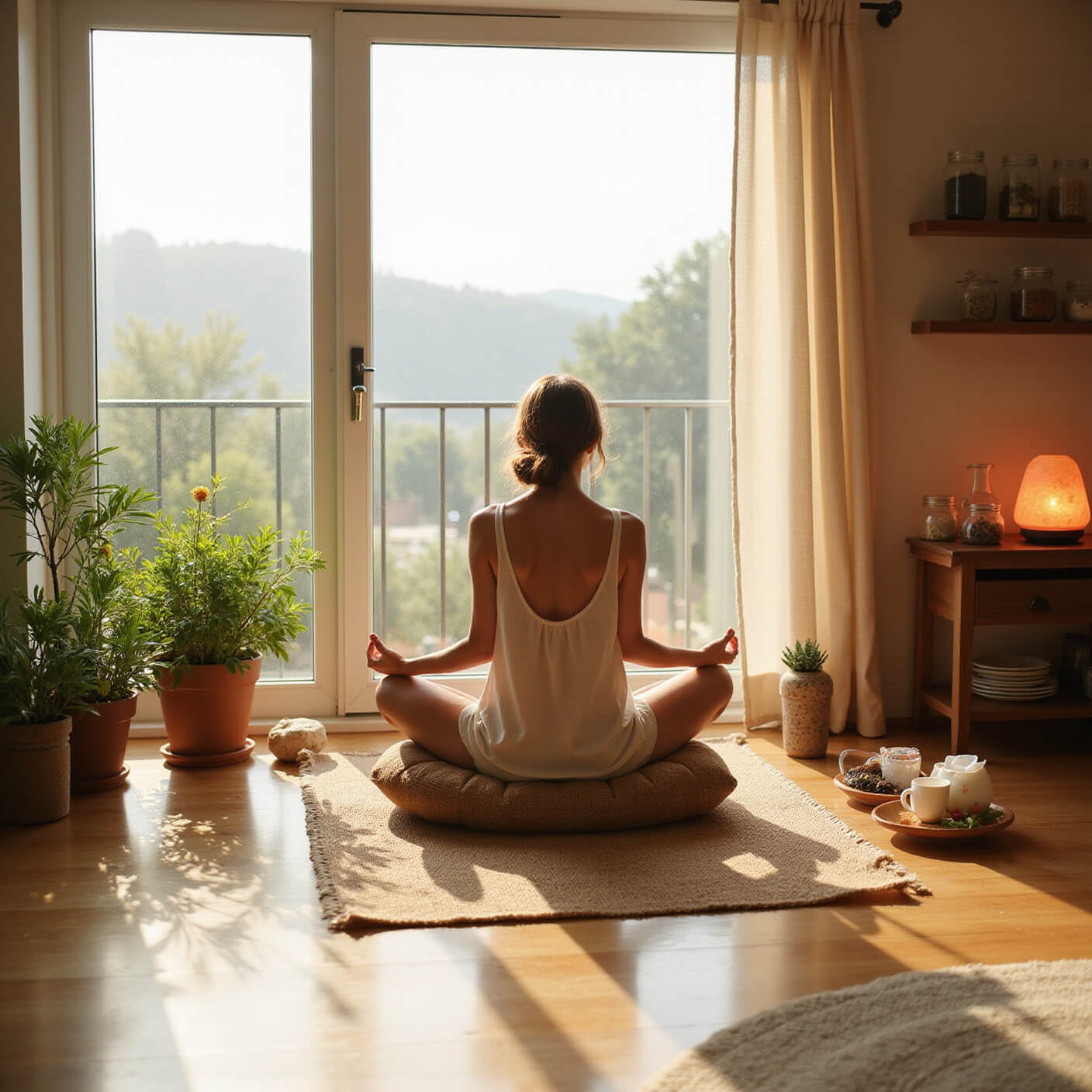 Woman meditating on a jute cushion in a sunlit room with bamboo floors, potted herbs, crystal decor, and a cozy tea station.