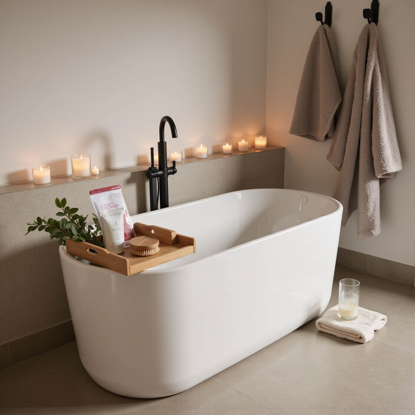 Modern bathroom with freestanding tub, eucalyptus branches, candles, bath caddy with spa items, glass of water, soft towels, plush robe, and warm ambient lighting.
