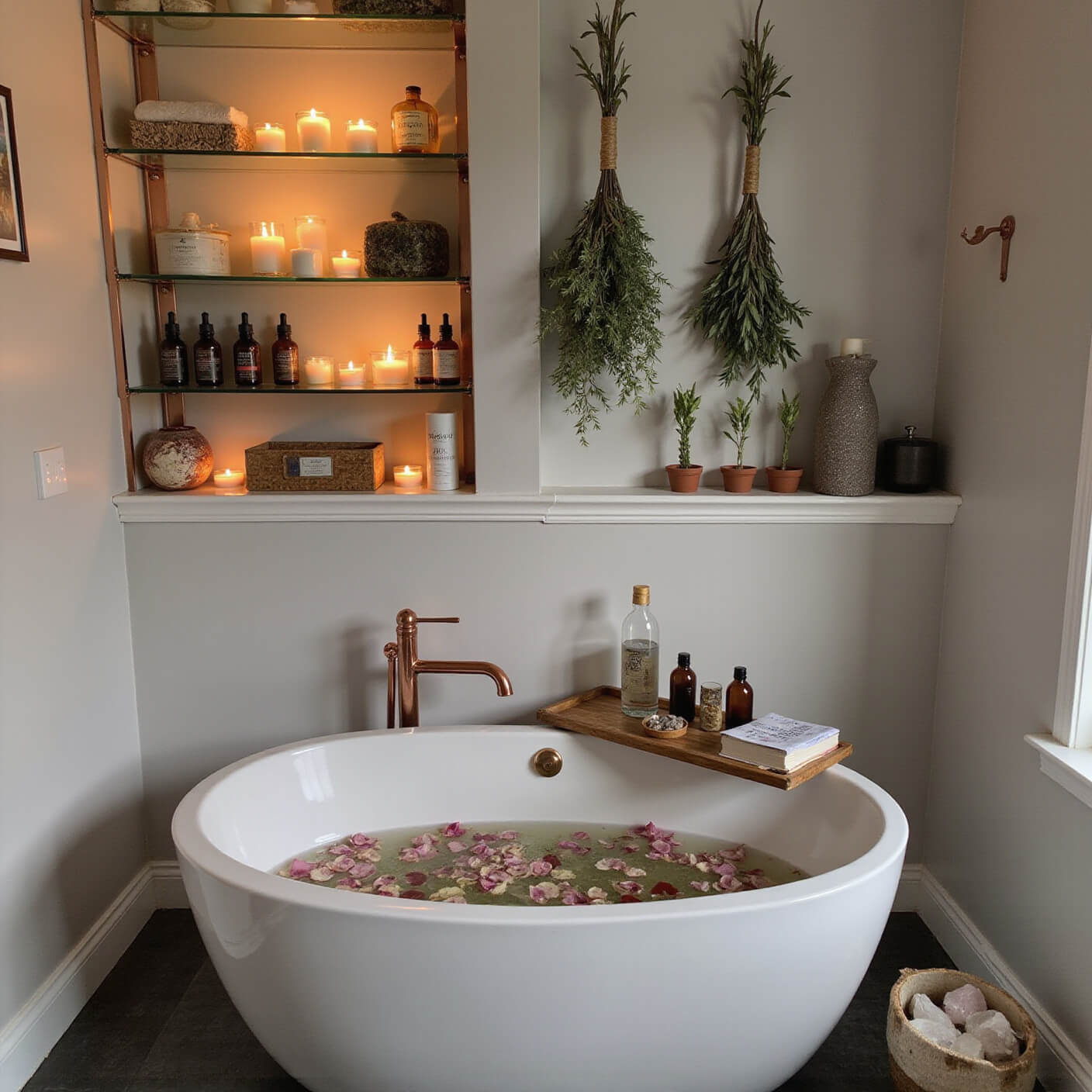 A serene modern bathroom at dusk with a white freestanding tub filled with herb-infused water and rose petals, surrounded by candles, glass shelves of essentials, eucalyptus bundles, and a bamboo bath caddy holding a journal and crystal water, viewed from above.