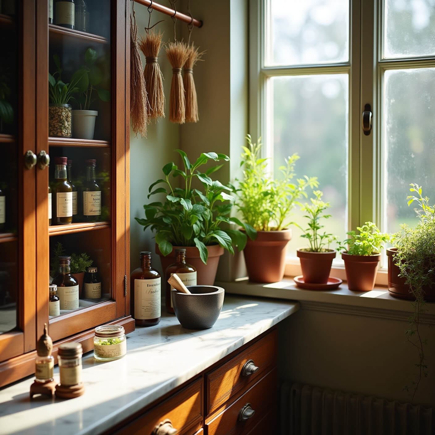 Sunlit apothecary corner with antique wooden cabinet, glass jars of herbs, marble workspace with scales and mortar, hanging dried herbs, and potted plants on windowsills.