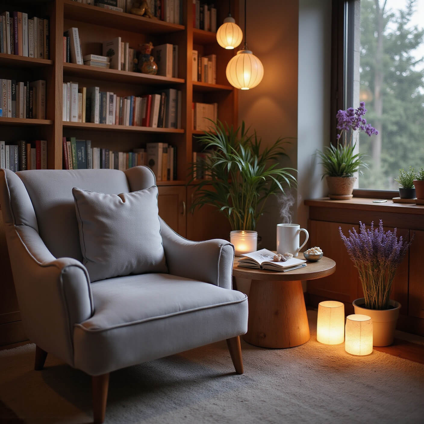 Cozy wellness nook with grey velvet armchair, bookshelves of wellness books, herbal tea, crystals, gratitude journal on wooden table, soft paper lantern lighting, and potted lavender.