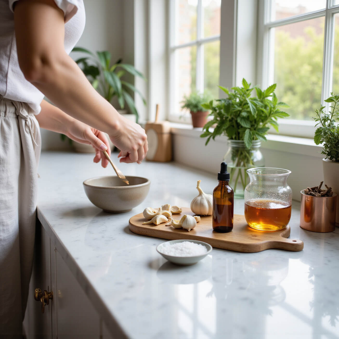 Modern sunlit kitchen with natural tooth care items on marble counter, including salt water, clove oil, garlic, vanilla, and herbal elements, as a person in linen mixes a remedy.