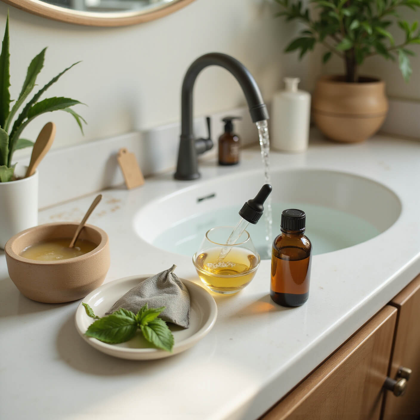 Bathroom counter with a white porcelain sink, peppermint tea bag on a dish, amber clove oil bottle, coconut oil, steaming cup, aloe plant, and bamboo accessories in soft afternoon light.