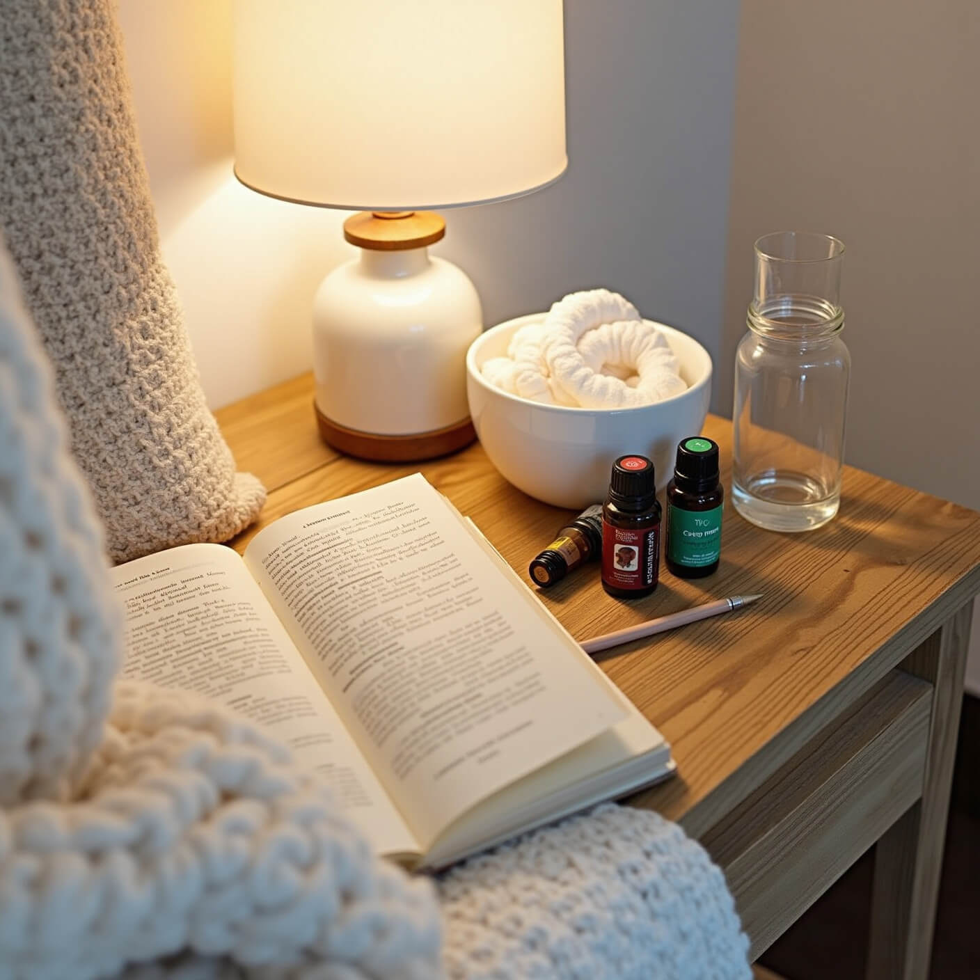 Flat lay of a minimalist bedroom bedside table with a cloth-wrapped ice compress in a white bowl, essential oils, glass water carafe, open wellness book, journal with pen, and cozy knit throw in warm lamplight.