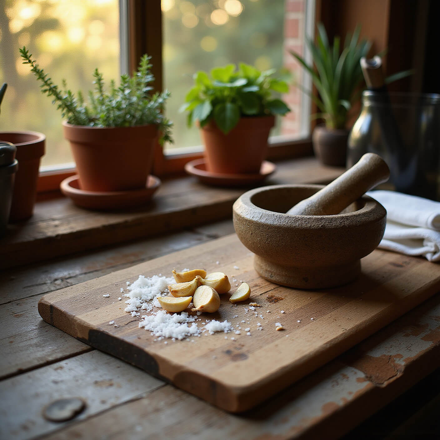 Rustic kitchen scene with crushed garlic and sea salt on a wooden cutting board, a worn ceramic mortar and pestle, potted sage and thyme on a windowsill, and side-lit textures in golden hour light.
