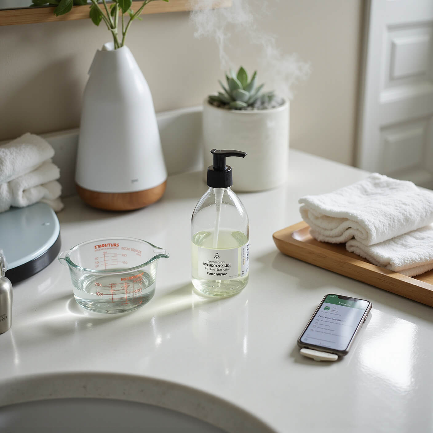 Spa-like bathroom counter with hydrogen peroxide, measuring cup, water, rolled white washcloths in bamboo tray, essential oil diffuser emitting mist, smart tablet, and water filter in cool morning light.