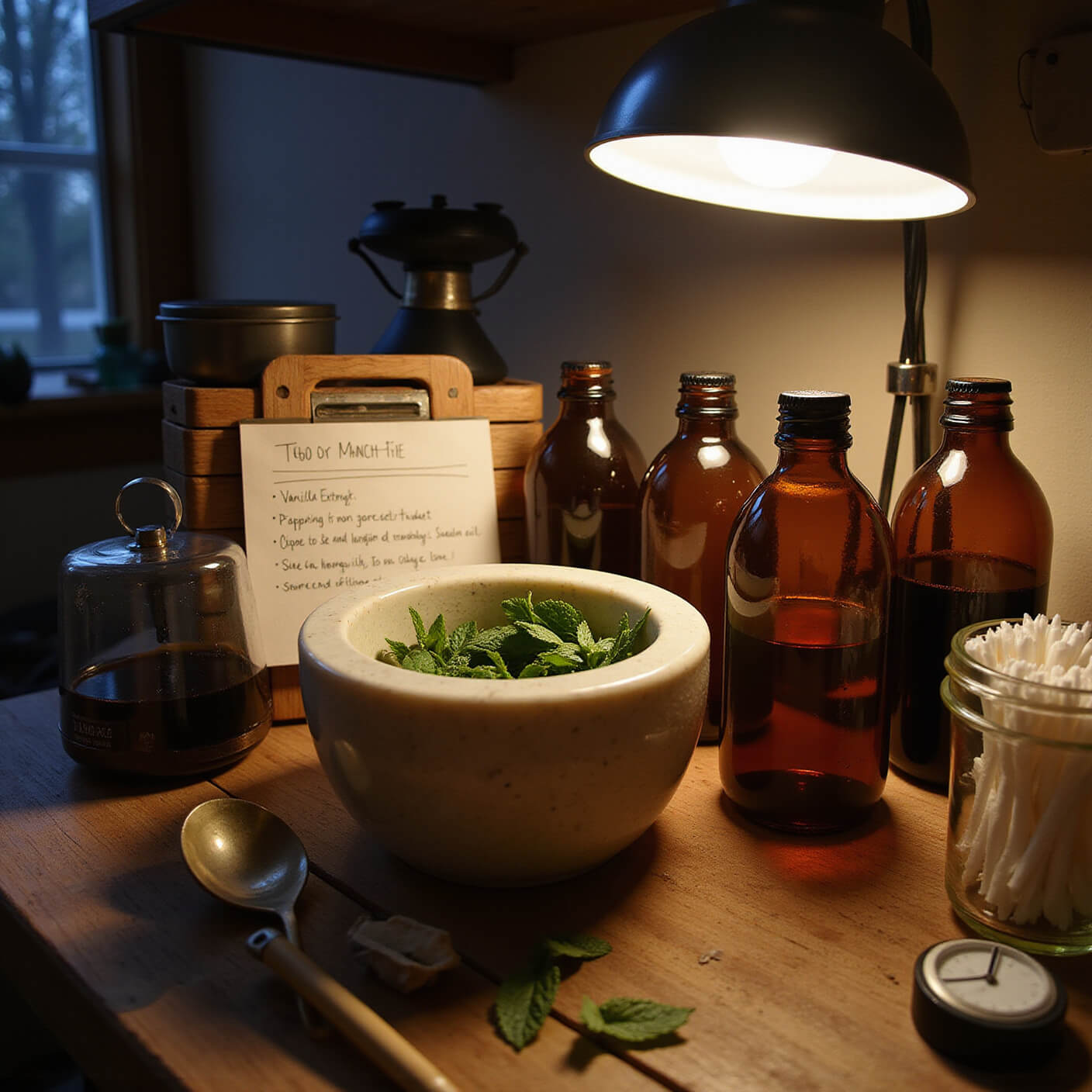 Earthy kitchen healing station at dusk with amber bottles, handwritten remedy card, peppermint leaves on marble pestle, and practical wellness tools under warm LED lighting.
