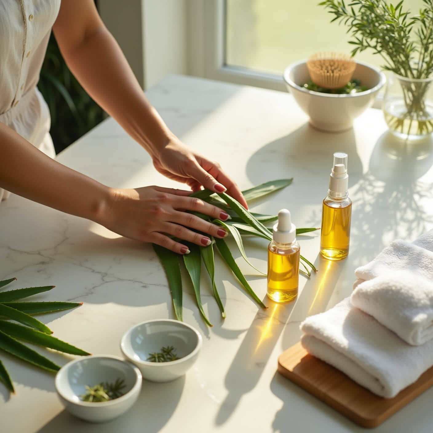 Woman massaging scalp in sunlit bathroom with aloe vera, oils, and herbs on marble counter.