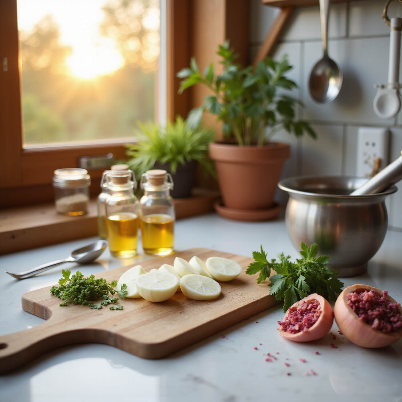 Cozy golden hour kitchen with cutting board of chopped onions and herbs, glass jars of homemade remedies, mortar with crushed hibiscus, and terracotta pots of fresh herbs.