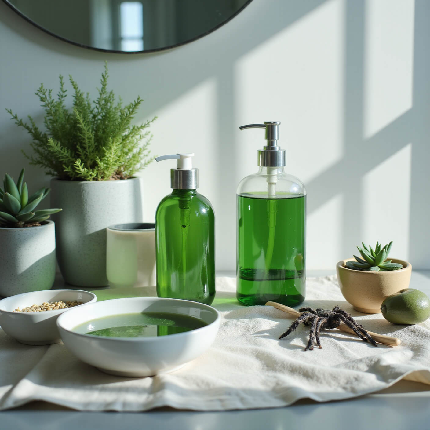 Minimalist bathroom vanity at dawn with glass spray bottles, bowls of fenugreek seeds and aloe gel, organized hair care tools on linen, and spider plants in cool jade and silver tones.