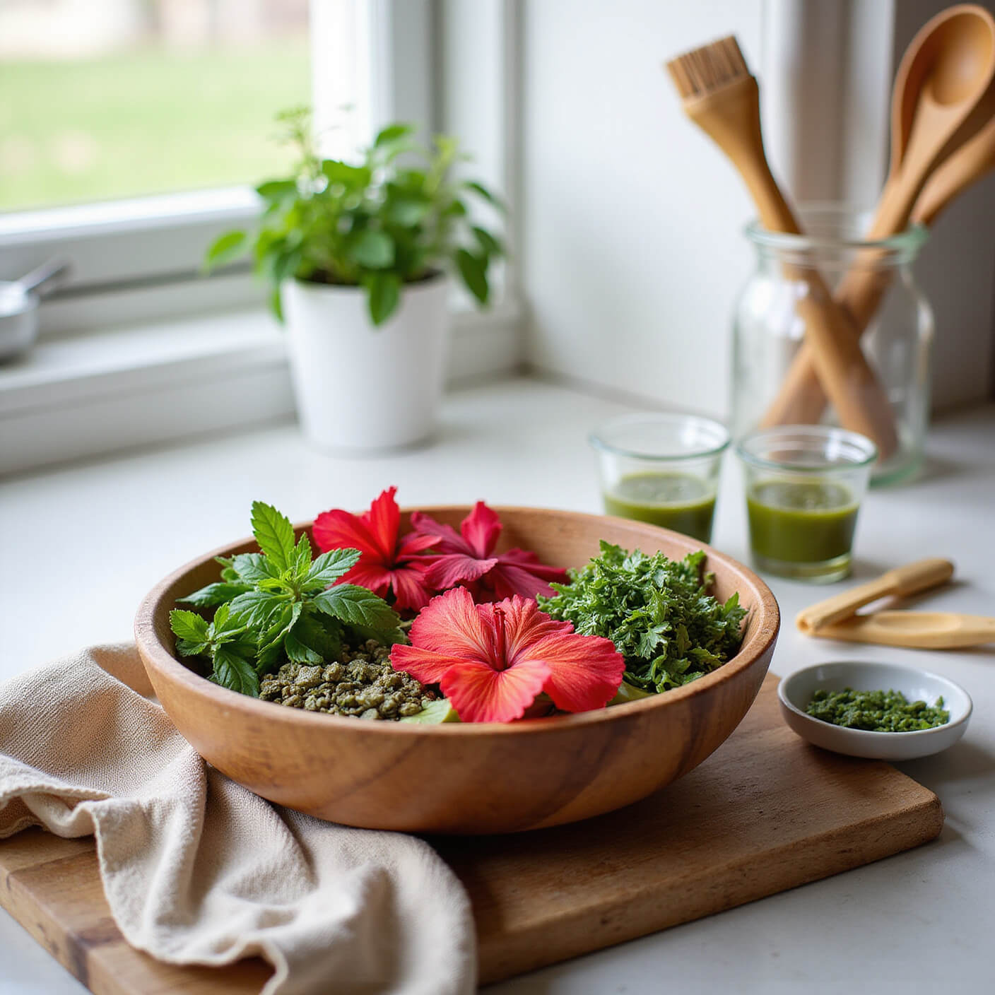 Large wooden bowl filled with hibiscus flowers, green tea leaves, and fresh herbs in a sunlit kitchen, surrounded by glass containers, measuring tools, natural brushes, linen napkins, and wooden utensils.