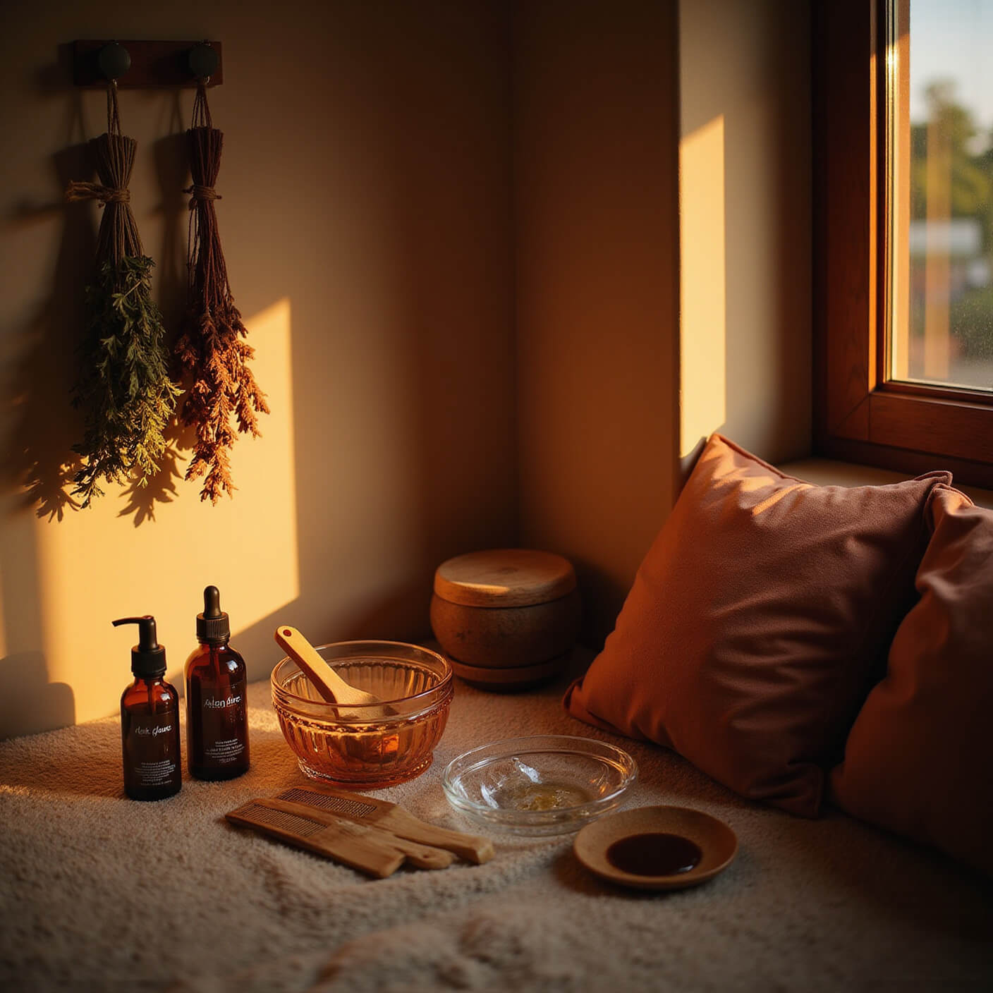 Cozy bedroom corner at sunset with amber glass bottles, silk hair wrap, wooden combs, crystal bowls, dried herbs, plush carpet, and velvet cushions bathed in warm golden light and dramatic shadows.