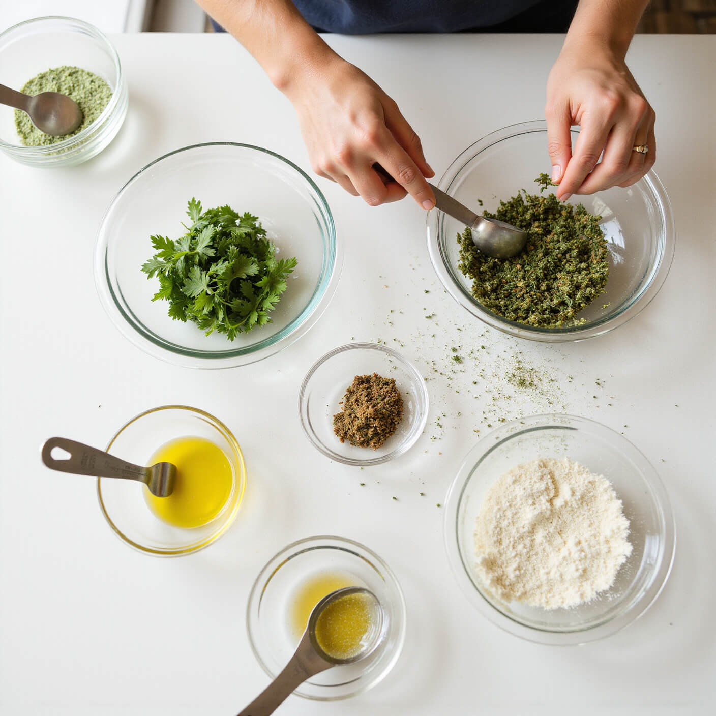 Hands preparing natural hair mask ingredients in a bright modern kitchen, crushing herbs and mixing oils in glass bowls on clean white surfaces with stainless steel tools and fresh greenery.
