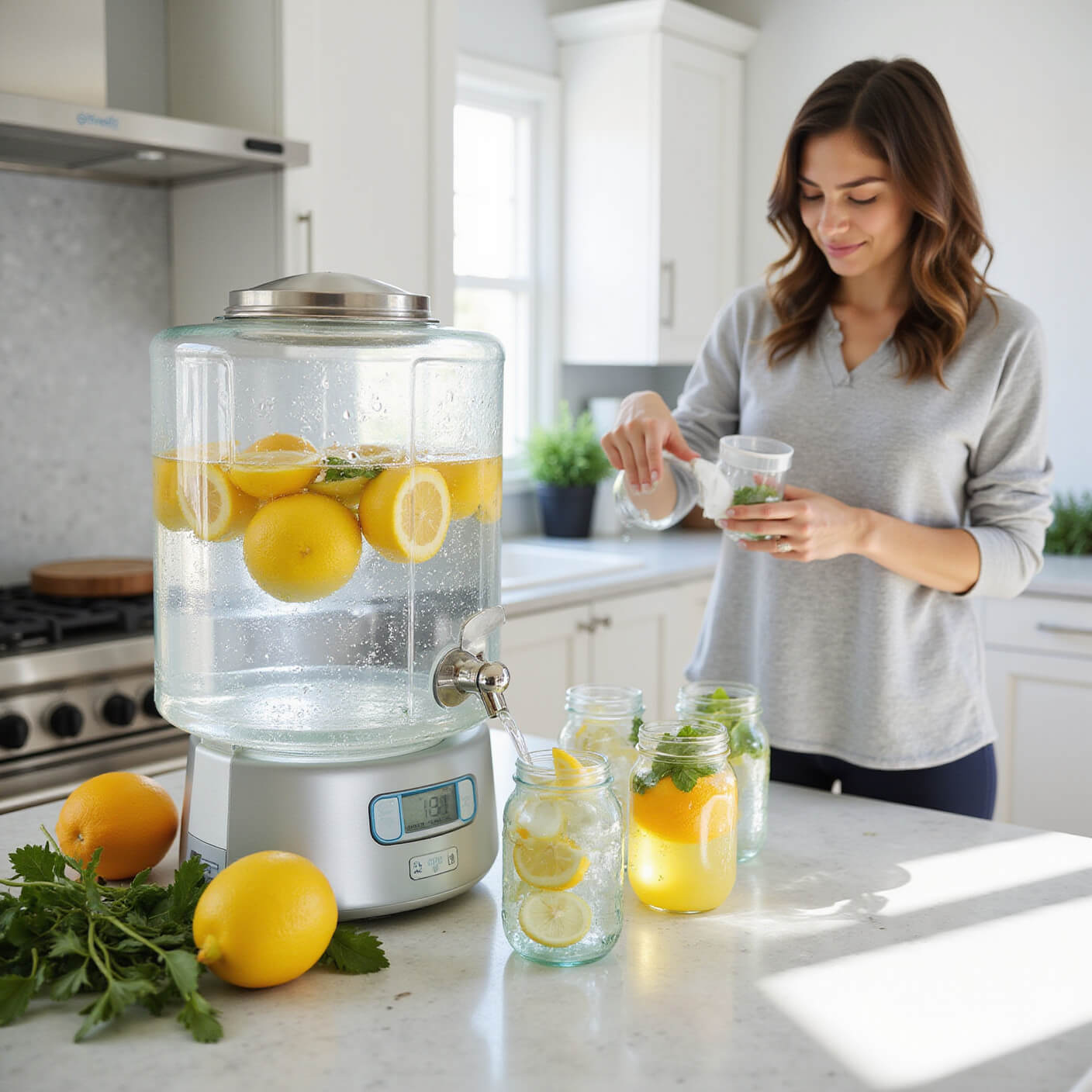 Modern kitchen counter with lemon water dispenser, citrus-filled mason jars, hydration bottle, and woman in athleisure pouring water.