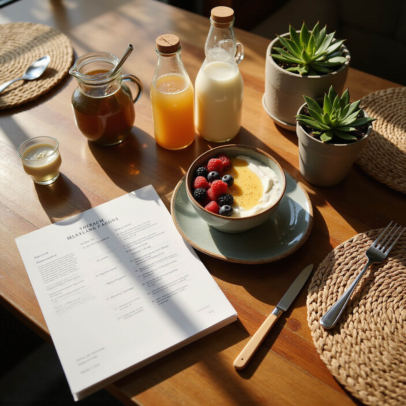 Cozy breakfast nook with yogurt bowl topped with berries and honey, wellness planner, kombucha, kefir, and potted succulents on rustic table in warm morning light.