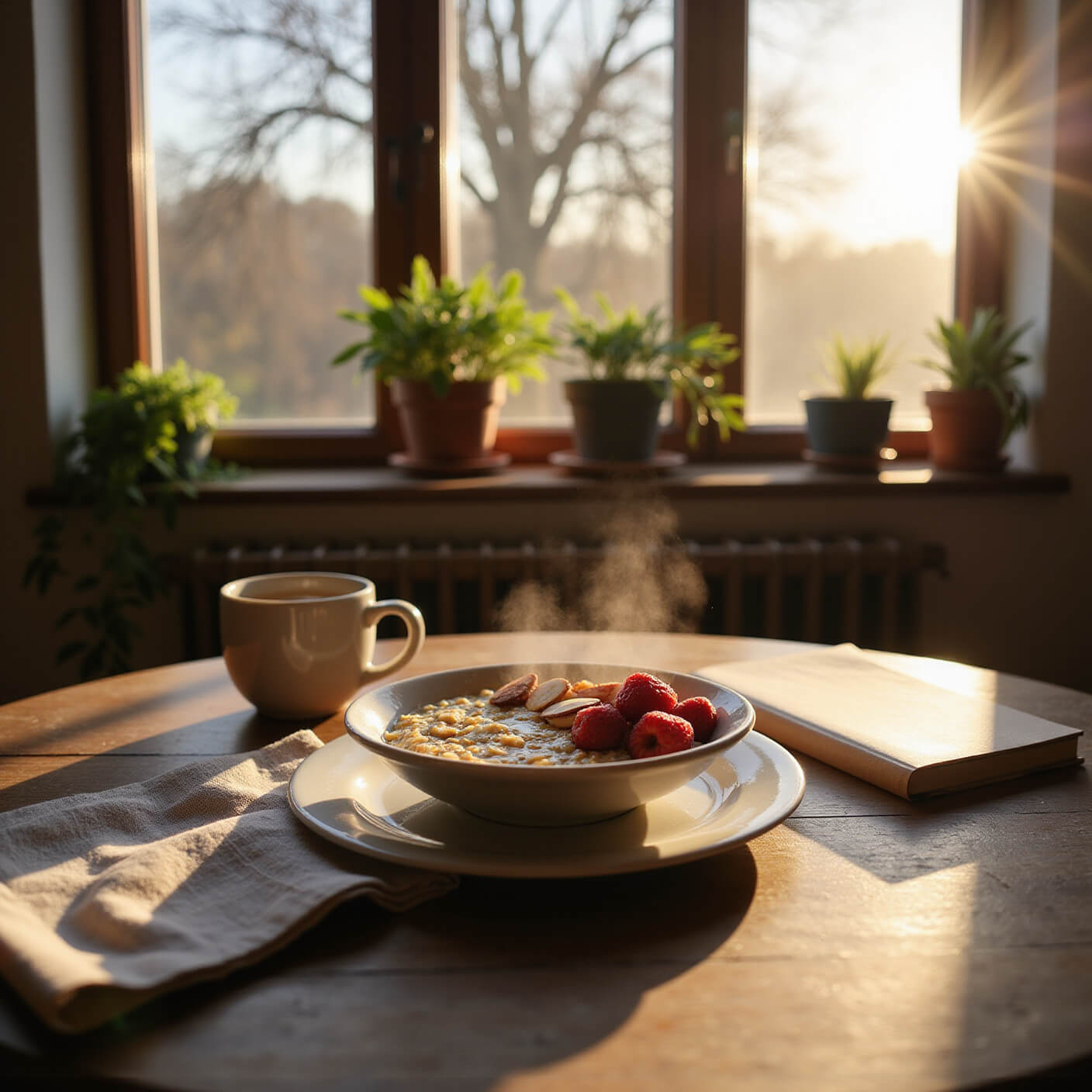 Cozy breakfast nook with sunlight streaming through tall windows, highlighting a rustic table set with a bowl of oatmeal topped with berries and almonds, a mug of tea, an open journal, and potted herbs on the windowsill.