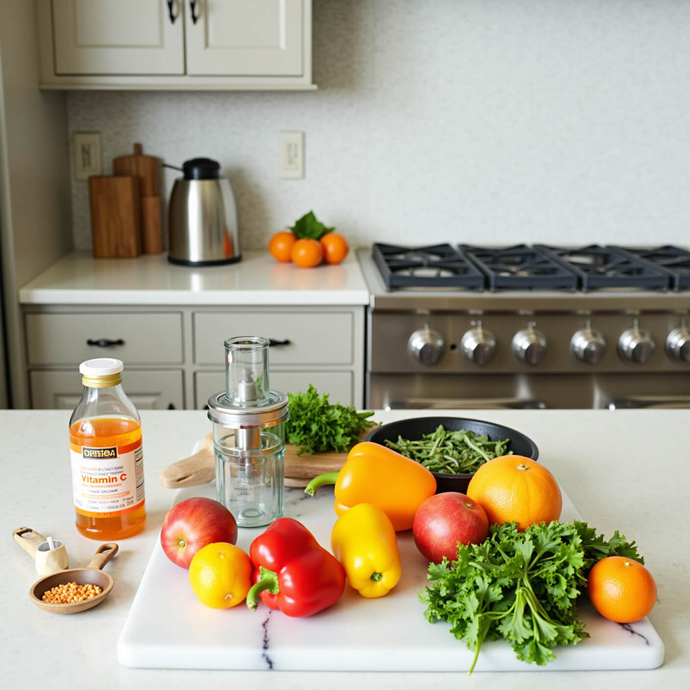 Overhead view of a bright kitchen prep scene with colorful bell peppers, citrus fruits, leafy greens on a marble cutting board, glass juicer, vitamin C supplements, and stainless steel appliances against a white subway tile backdrop.