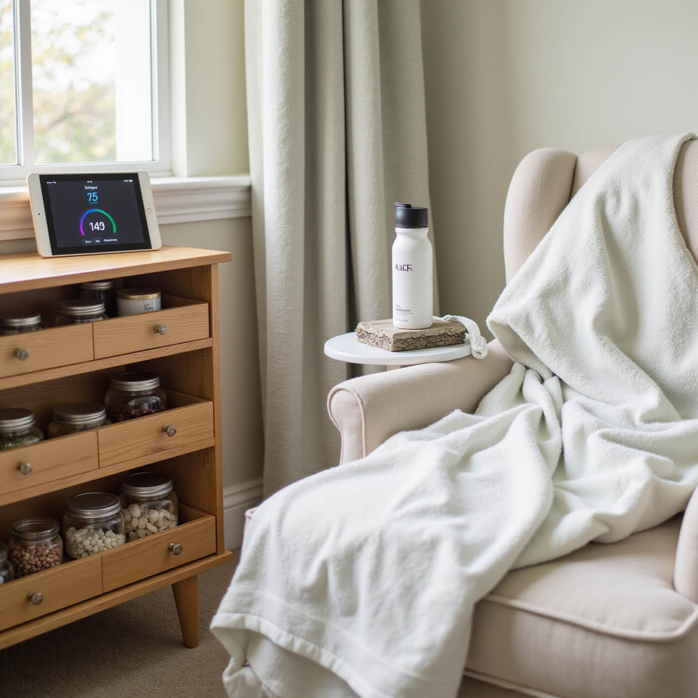 Serene bedroom wellness corner with bamboo drawer, glass containers of supplements, tablet showing hydration app, premium water bottle, and cotton pajamas on chair in soft morning light.