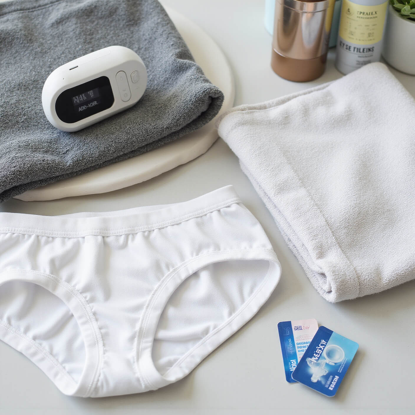 Flat lay of modern bathroom counter with folded cotton underwear, gym clothes, hydration tracker, natural cleansers, and pH test strips in cool grays and soft pastels.