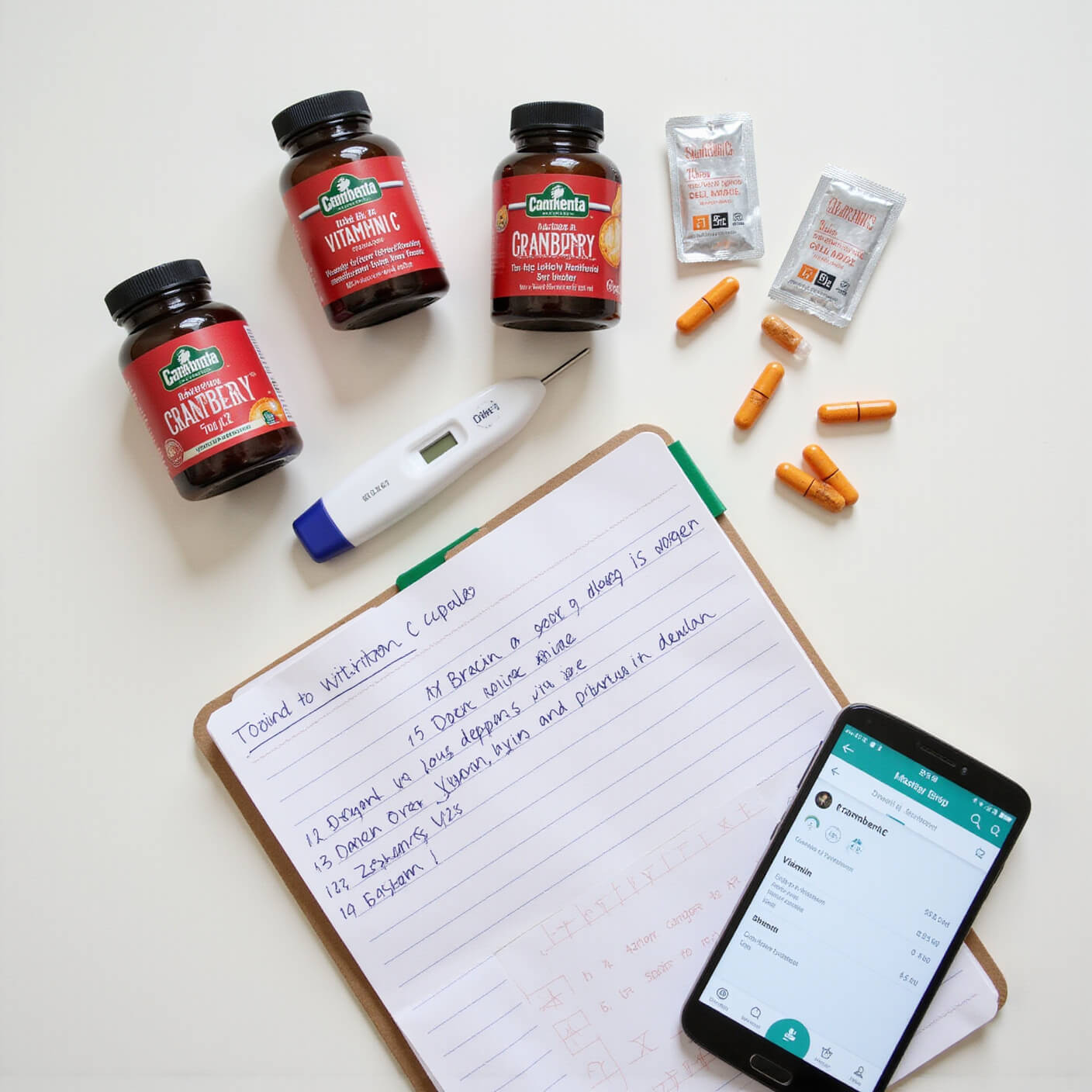 Flat lay of medical items on white surface including supplement bottles, testing strips, cranberry capsules, vitamin C packets, digital thermometer, symptom-tracking notebook, and smartphone with health app.