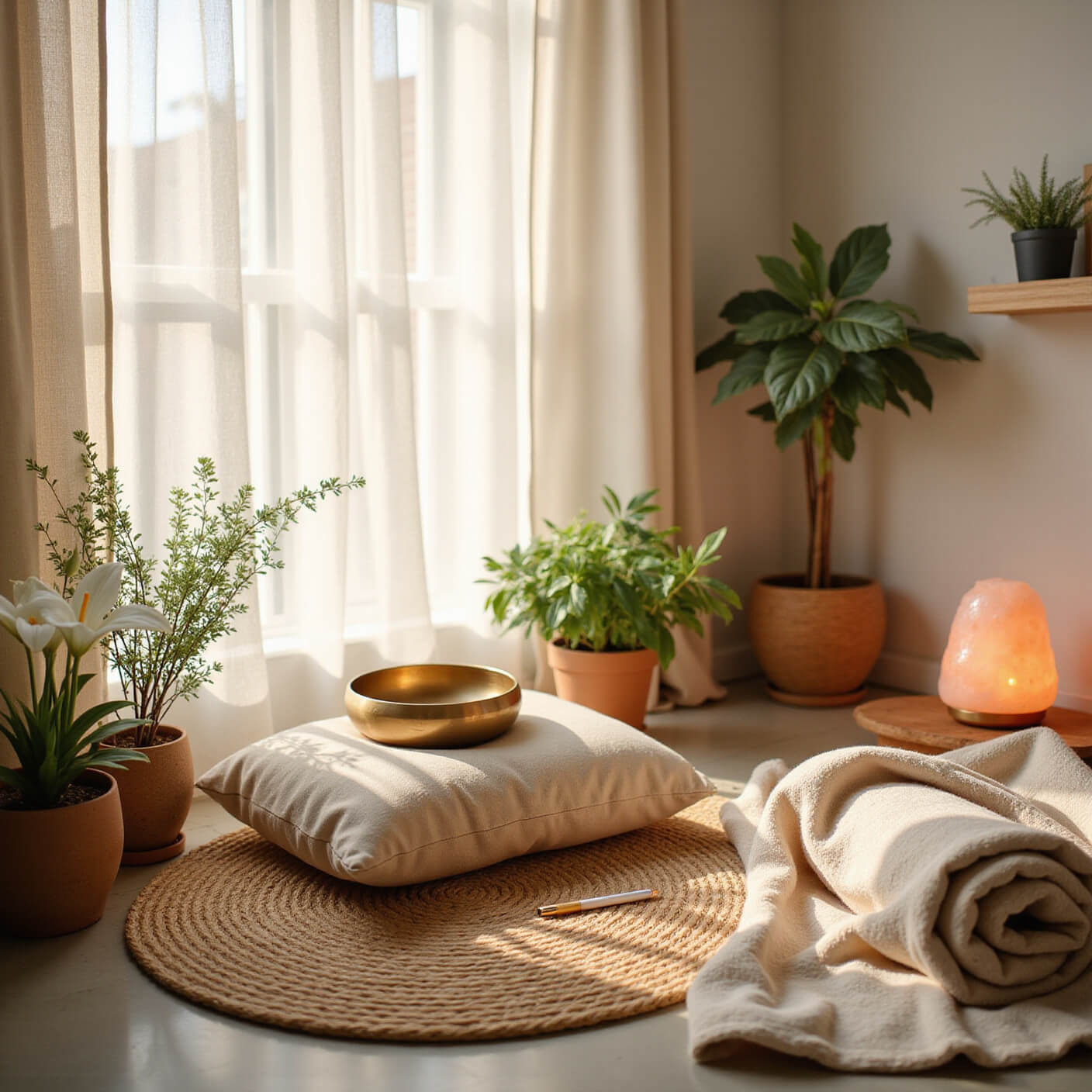 Photorealistic serene meditation corner with oatmeal cushion on jute rug, surrounded by plants, brass singing bowl, journal on wooden table, and soft dawn light through sheer curtains.