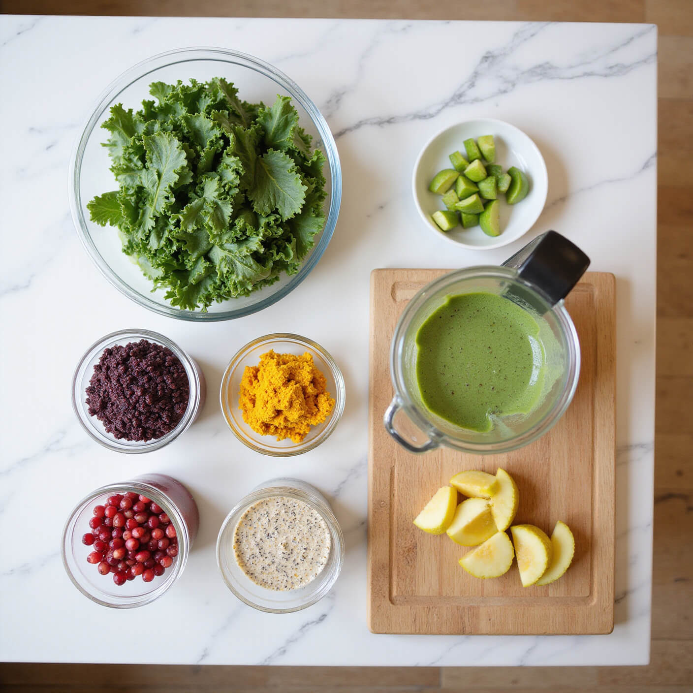 Overhead view of a sunlit modern kitchen with marble counters displaying vibrant fruits, vegetables, and jars of overnight oats; a blender holds green smoothie mix on a wooden cutting board.