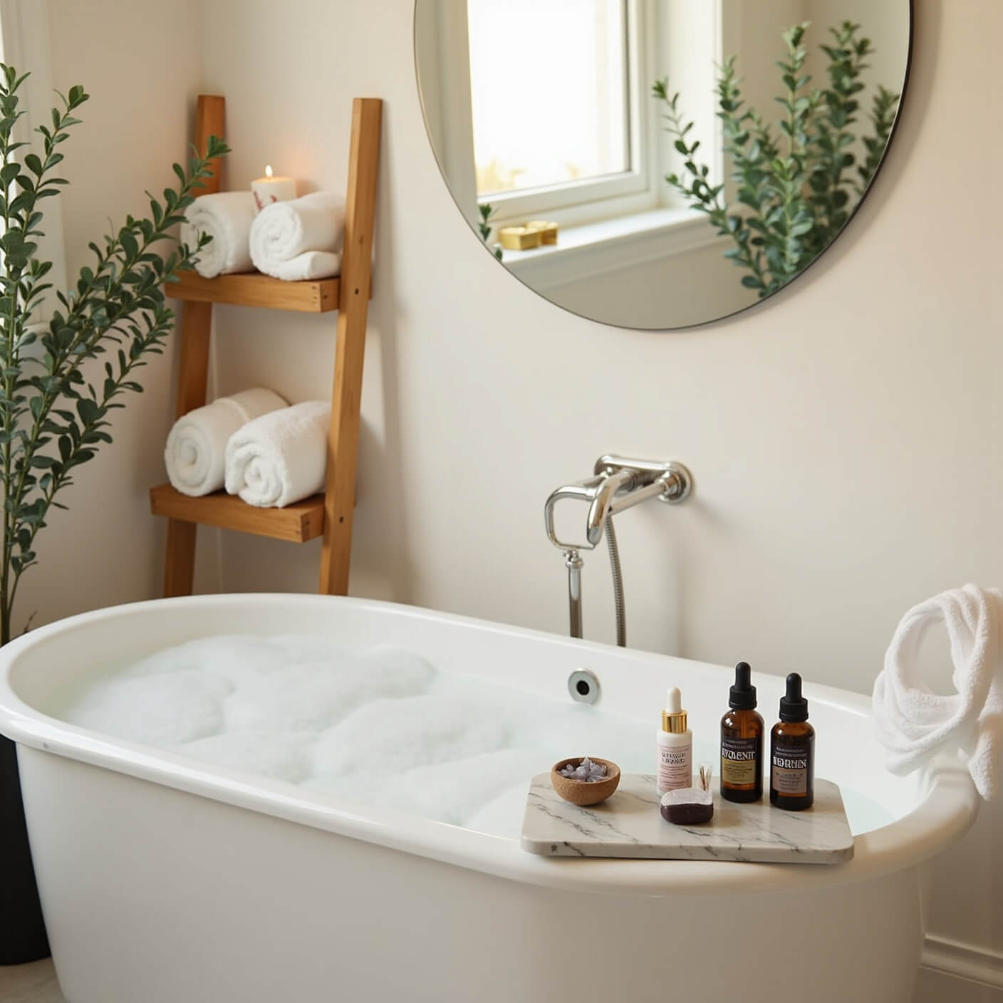 Minimalist bathroom with white freestanding tub filled with lavender bubbles, eucalyptus branches, soy candles, and self-care items on marble tray, all bathed in golden hour light.