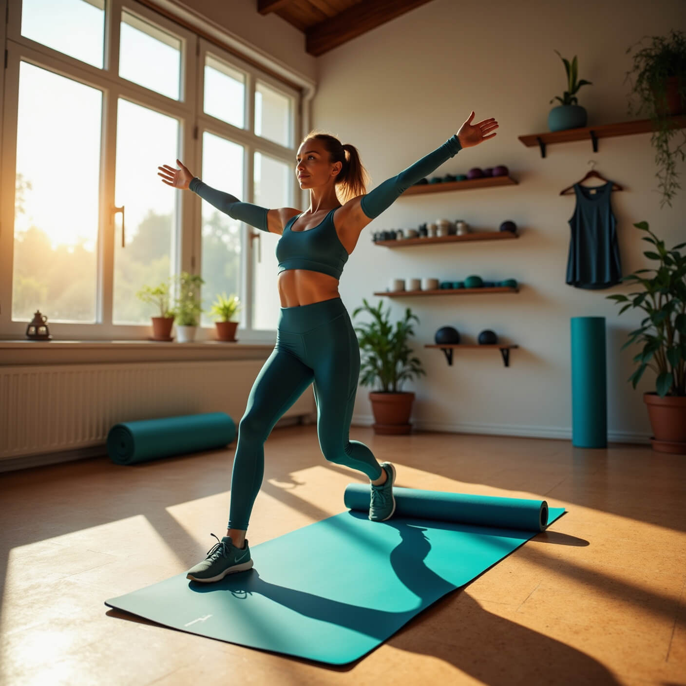 Home workout room at sunrise with ocean blue yoga mat on cork floor, fitness gear on wooden shelves, potted monstera, and Apple Watch showing stats.