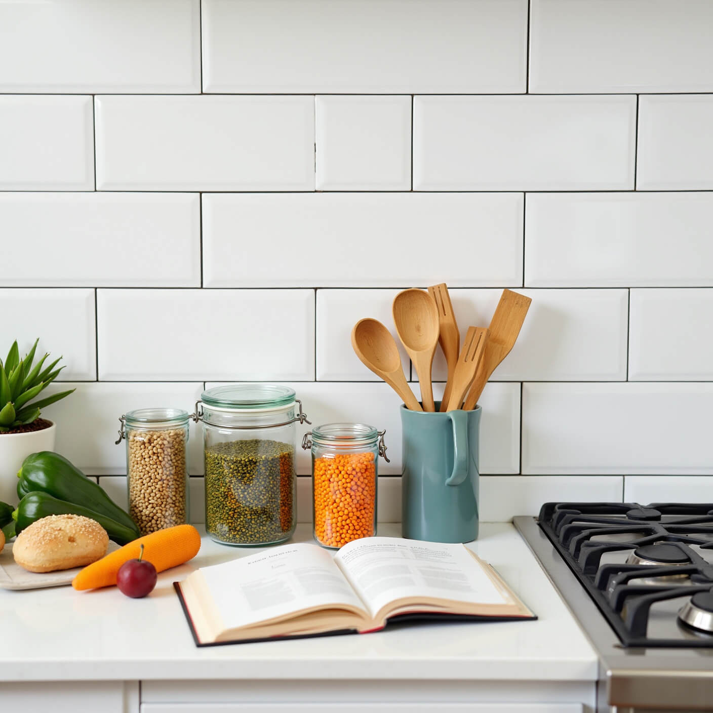 Minimalist kitchen with white subway tiles, colorful lentils and beans in glass jars, sprouted bread, fresh produce, open cookbook, and bamboo utensils neatly arranged.